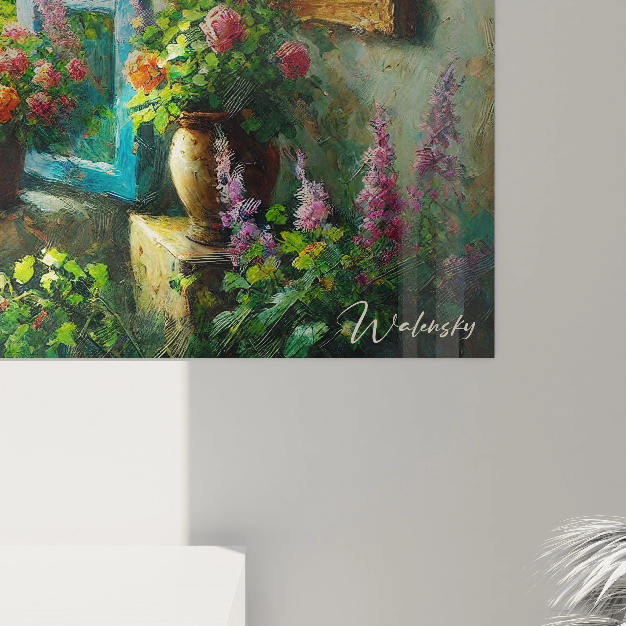 vue de pres du tableau jardin revelant les details delicats des plantes et fleurs Les nuances vibrantes et ombres douces apportent profondeur et romantisme