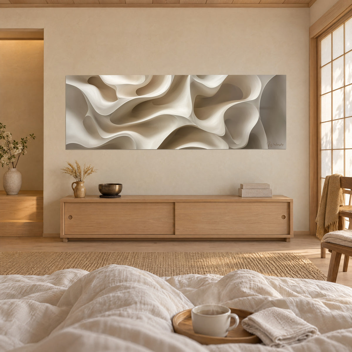 Gemälde mit Seidenwellen in Cremeweiß mit goldenen Sandtönen, über einem Bett in einem hellen Schlafzimmer