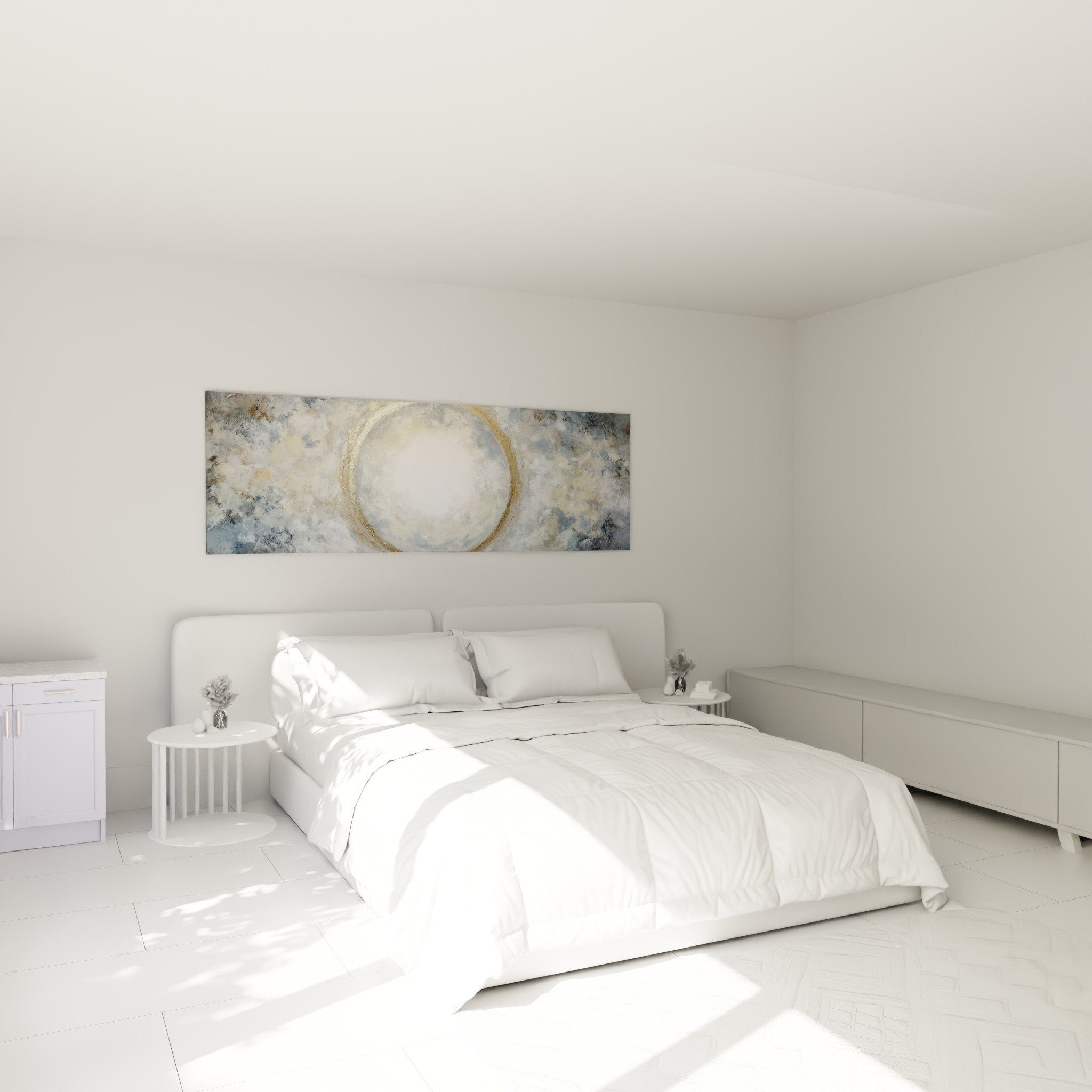 Tableau feng shui cercle lumineux nuages gris chambre decoration zen apaisante