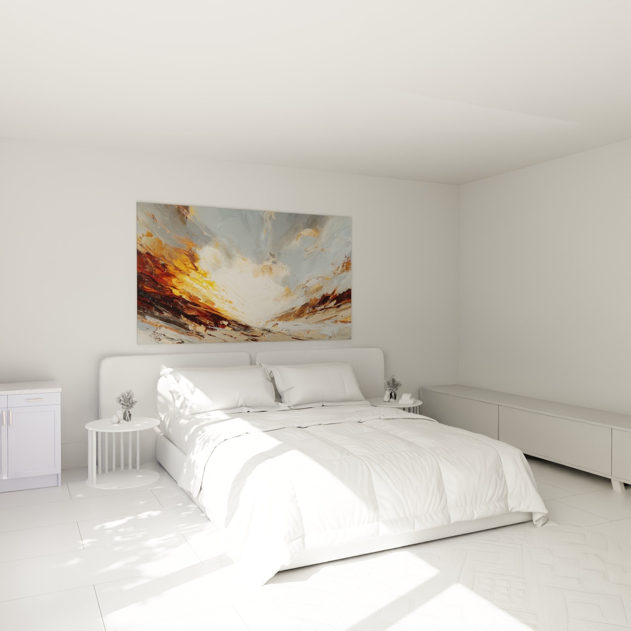 Abstract golden feng shui wall art above bed creating warm ambiance in modern bedroom