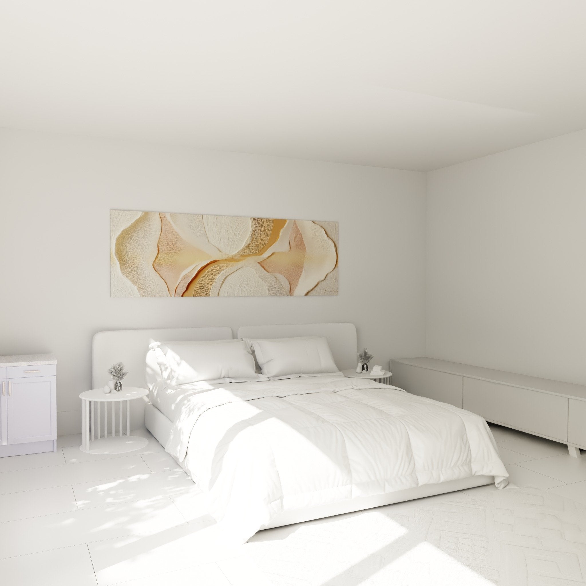 Feng shui wall art organic beige shapes in bedroom soothing wall decoration