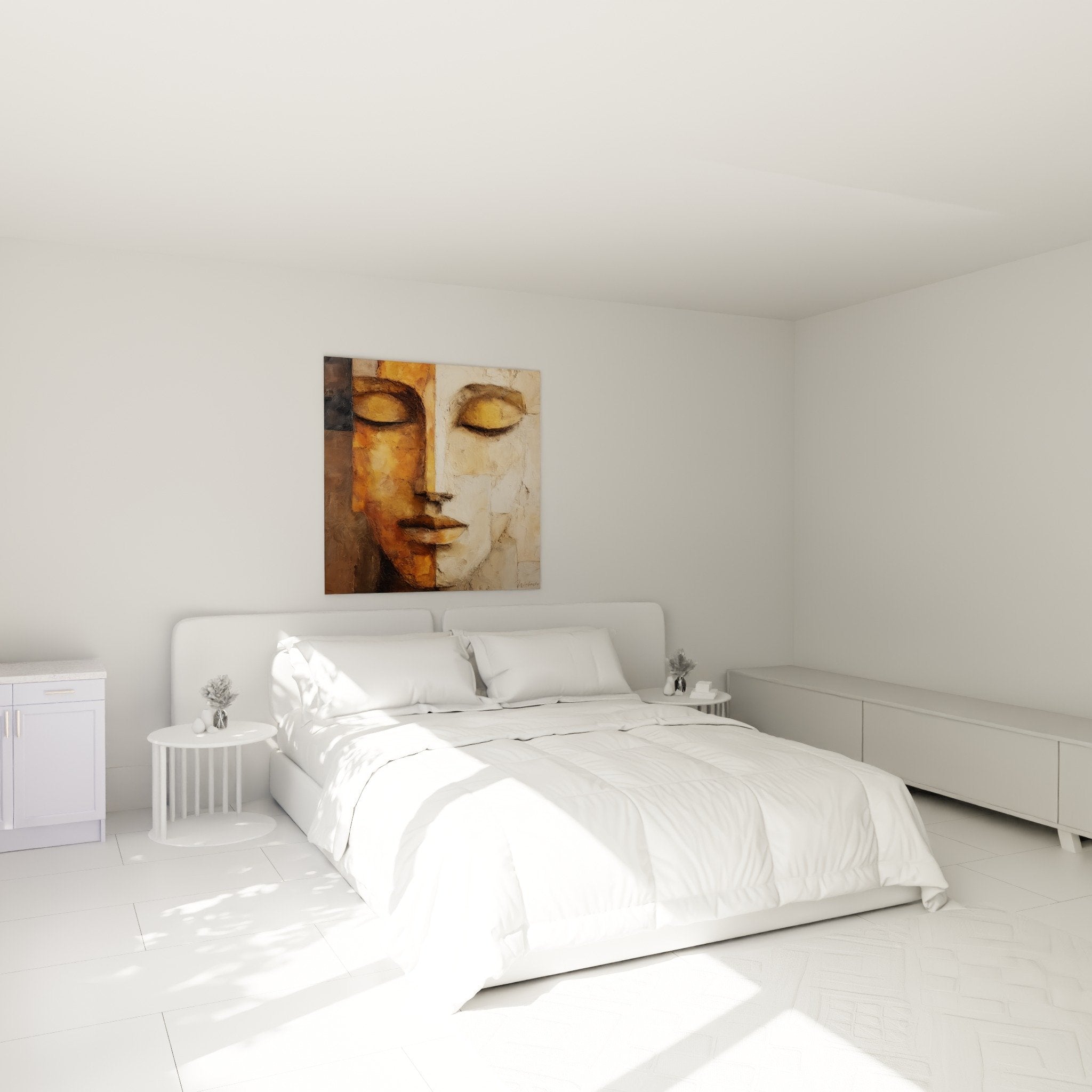 Tableau feng shui nord-est terre dans chambre visage meditatif ocre beige ambiance zen apaisante