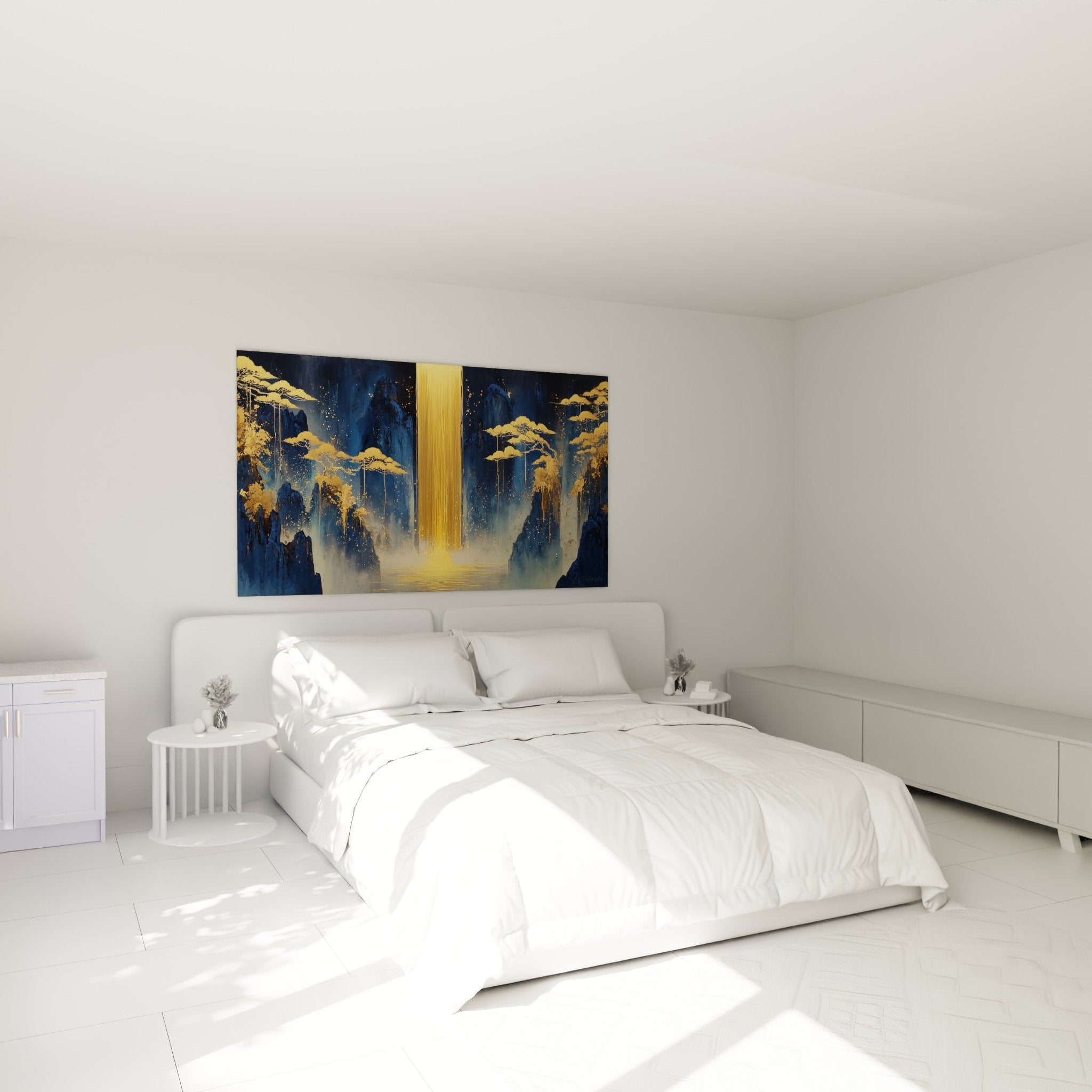 tableau feng shui nord eau dans chambre paysage dore bleu cascade lumineuse ambiance zen decoration murale