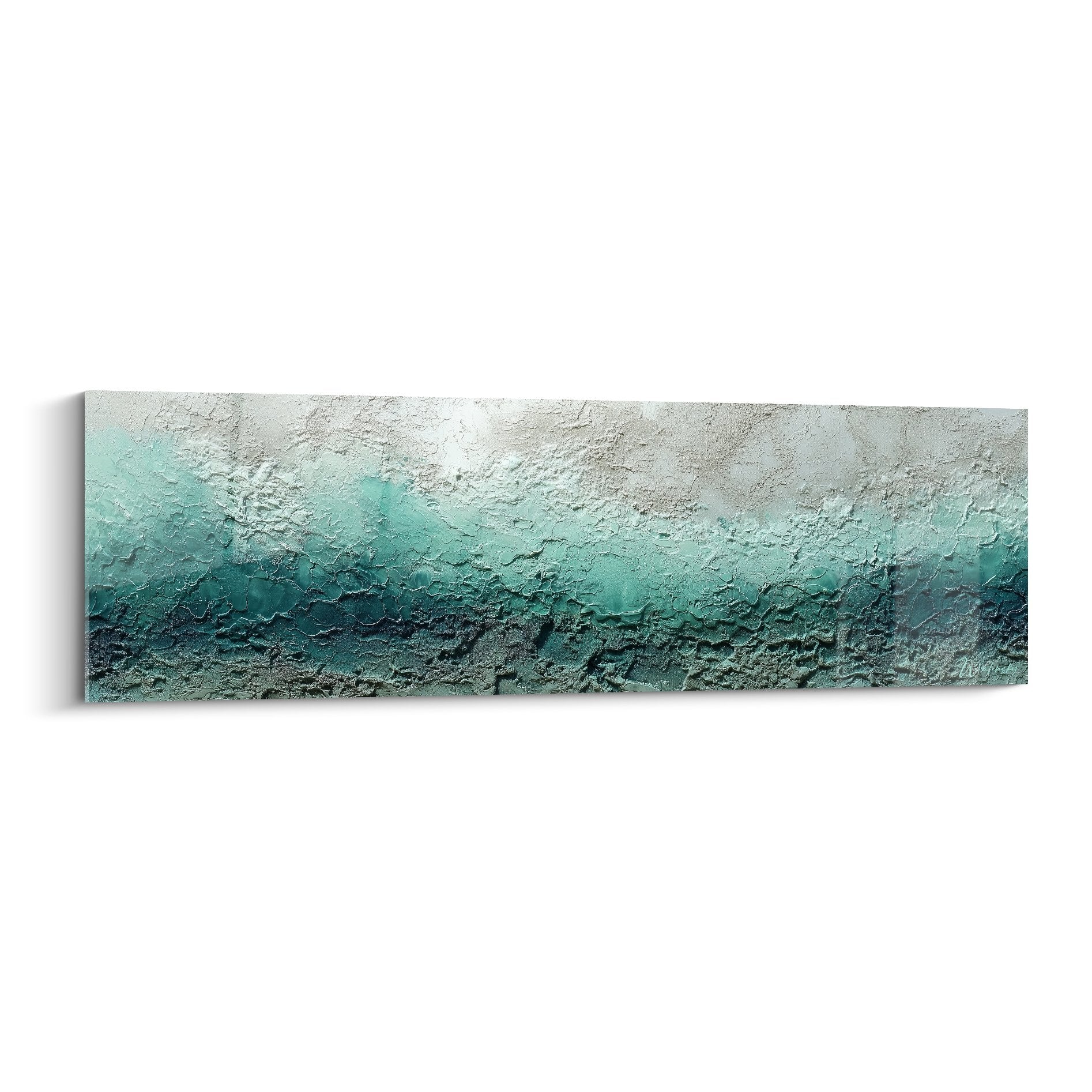 Tableau abstrait texture turquoise et blanc dégradé horizontal style feng shui nord eau