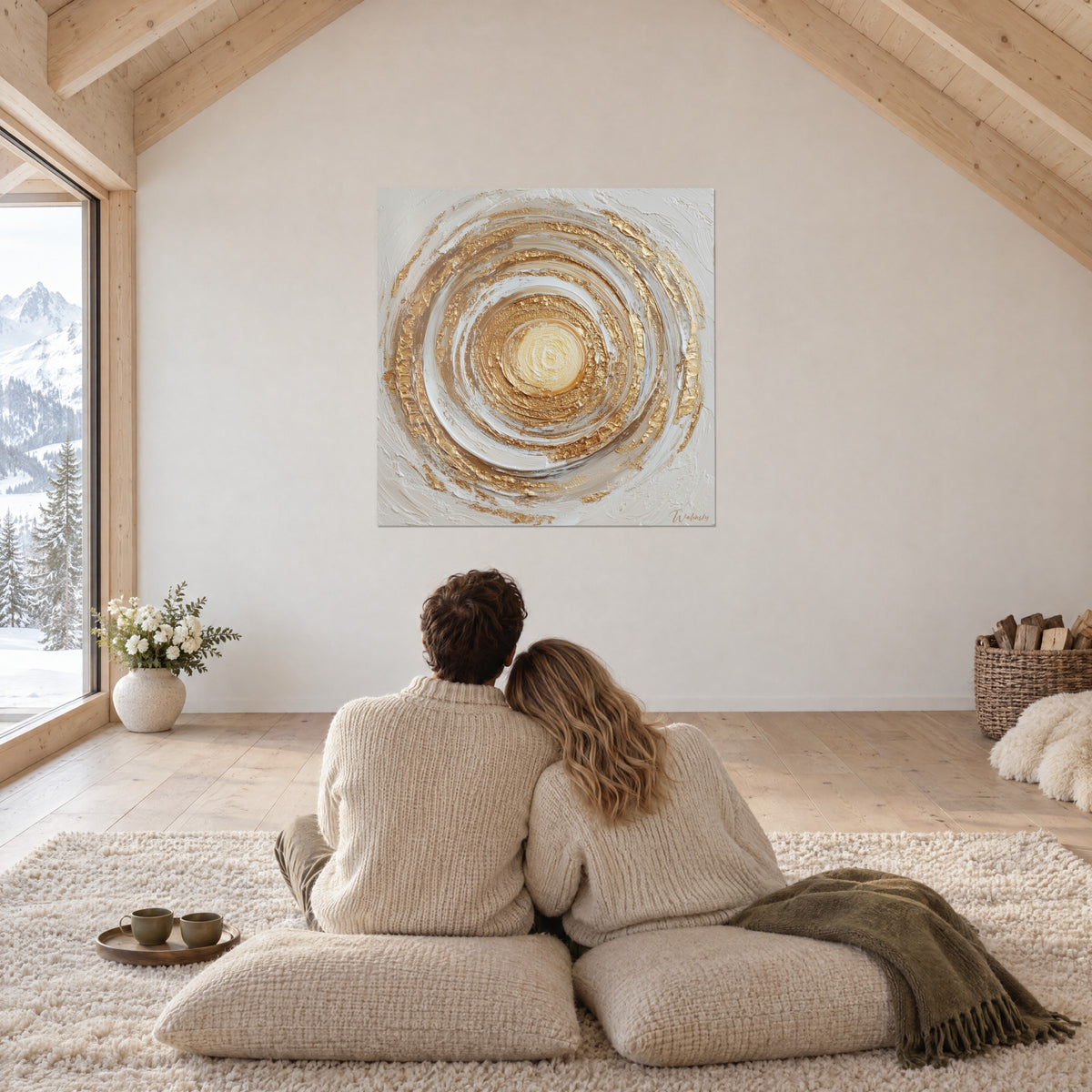 Wall art with a golden mandala and cream impasto, a couple embracing from behind on cushions, under the chalet's rafters