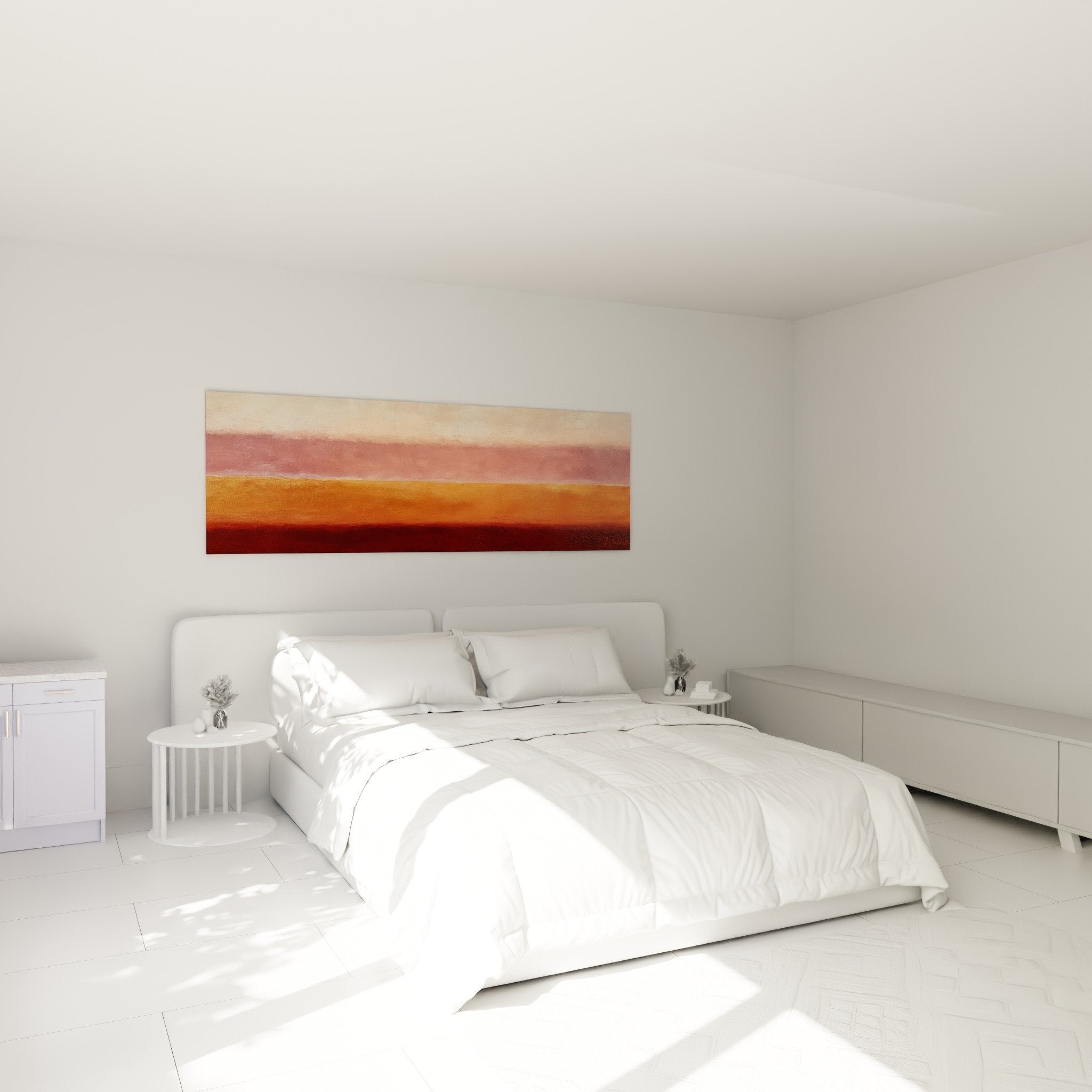 Feng shui southwest earth artwork with orange, red, and burgundy stripes in bedroom on beige wall, calming wall decor