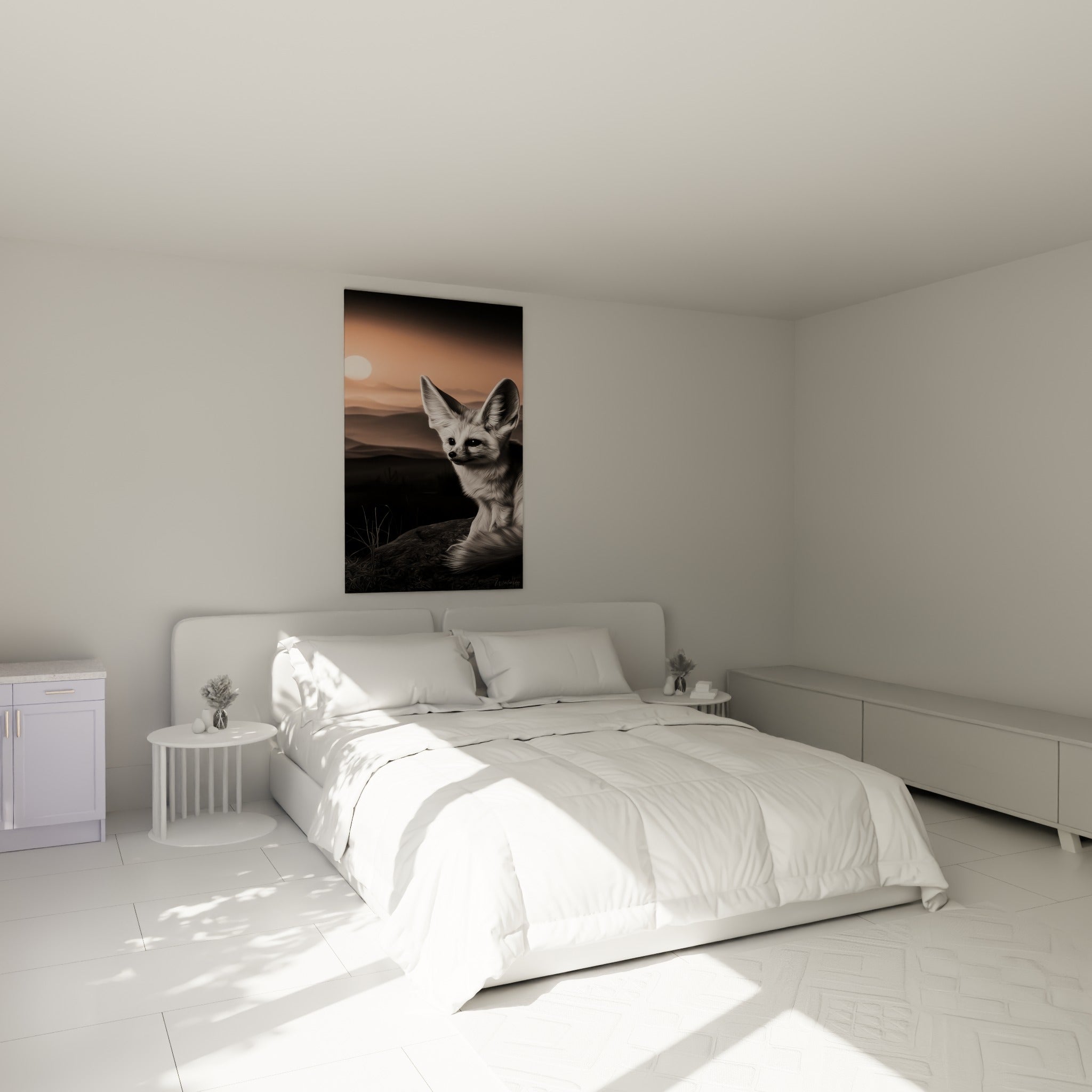 Silhouette de fennec anthracite et pêche au-dessus d'un lit dans une chambre claire