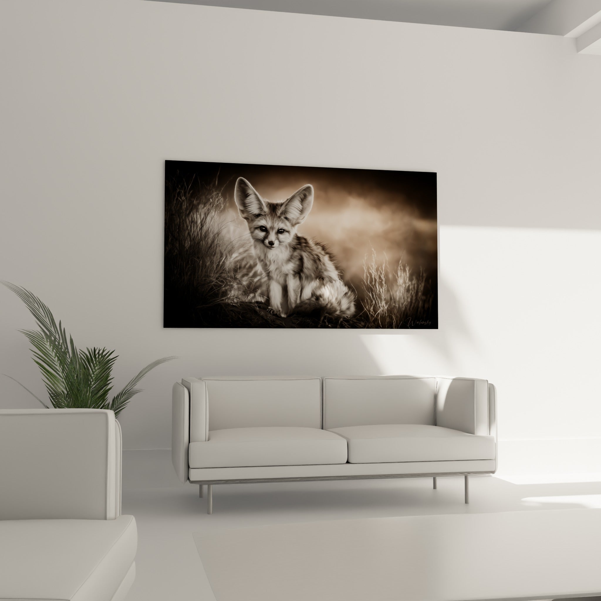 Portrait du jeune fennec entouré d'herbes sèches dorées et anthracite, au-dessus d'un canapé dans un salon lumineux