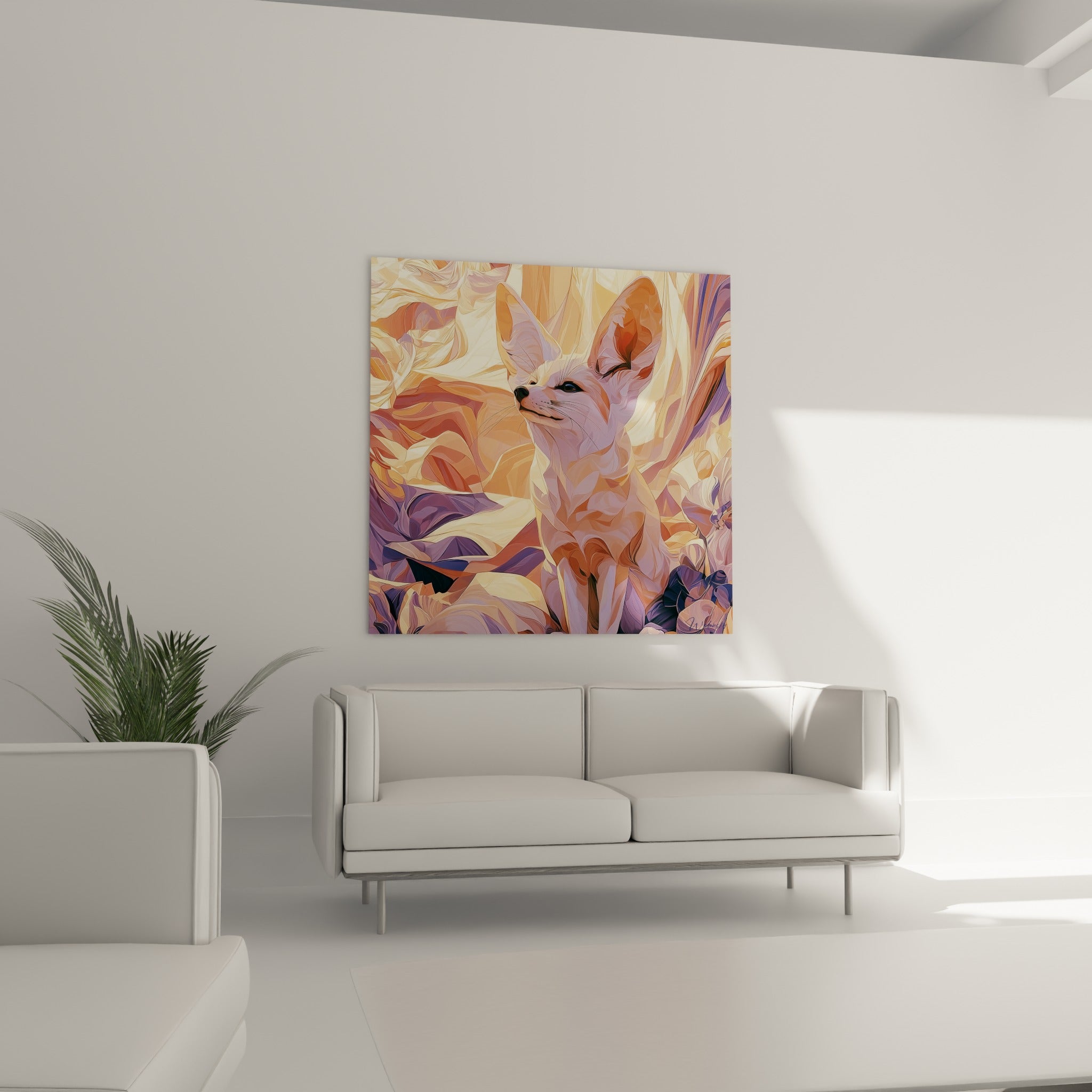 Fennec vif aux nuances dorées et anthracite, au-dessus d'un canapé dans un salon lumineux