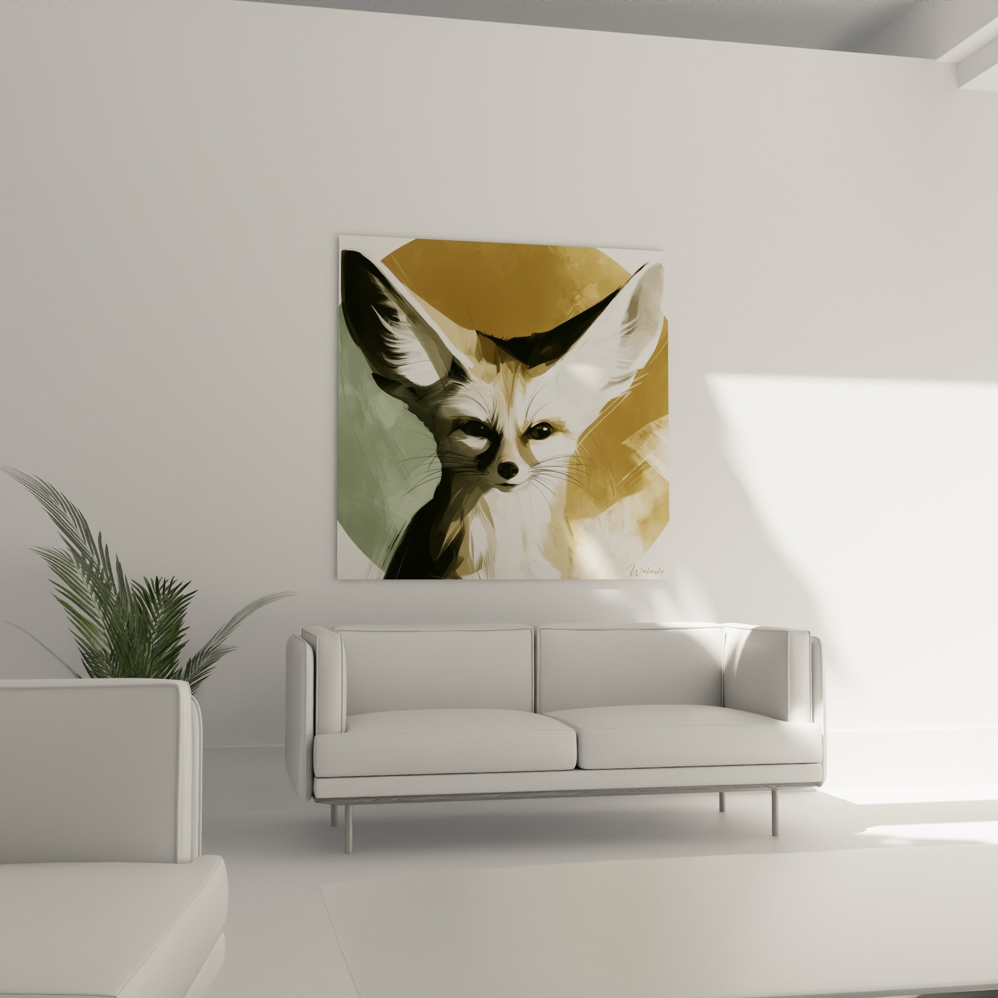 Oreilles dressées du Fennec doré et blanc crème, suspendues au-dessus d'un canapé dans un salon lumineux