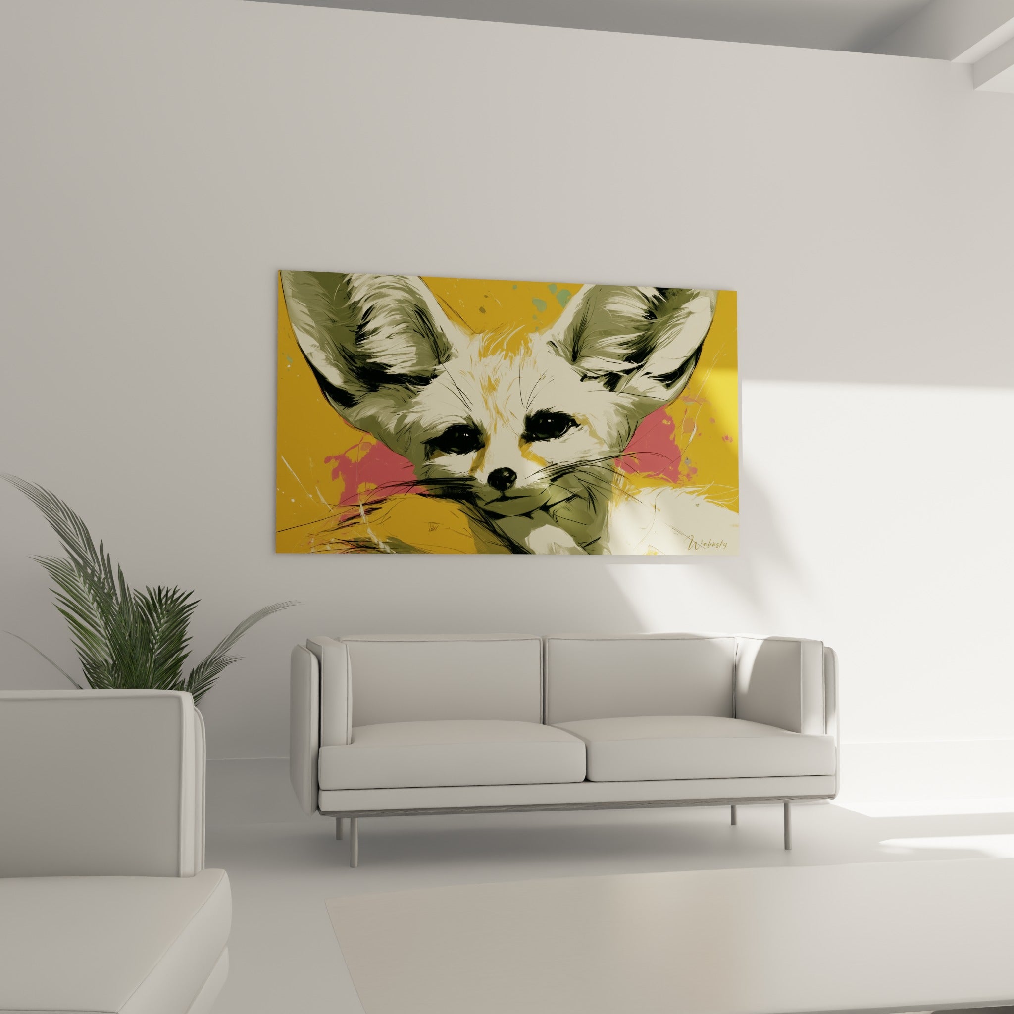 Portrait esquissé du fennec ocre et anthracite disposé au-dessus d'un canapé dans un salon lumineux