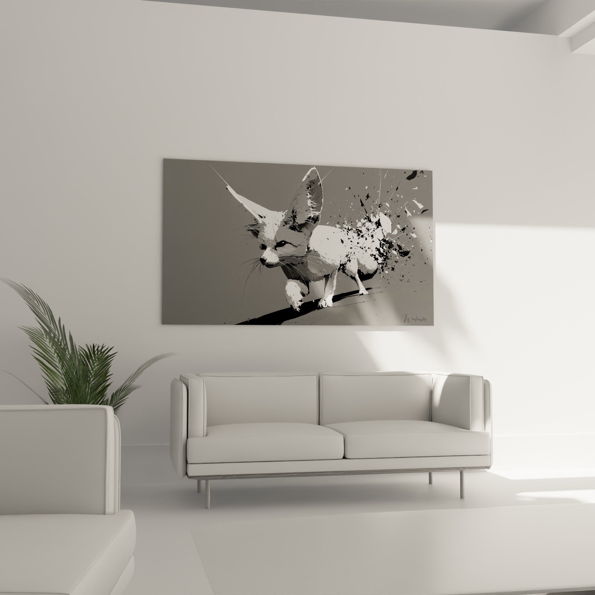 Course du fennec gris fragmenté en particules blanches, au-dessus d'un canapé dans un salon lumineux