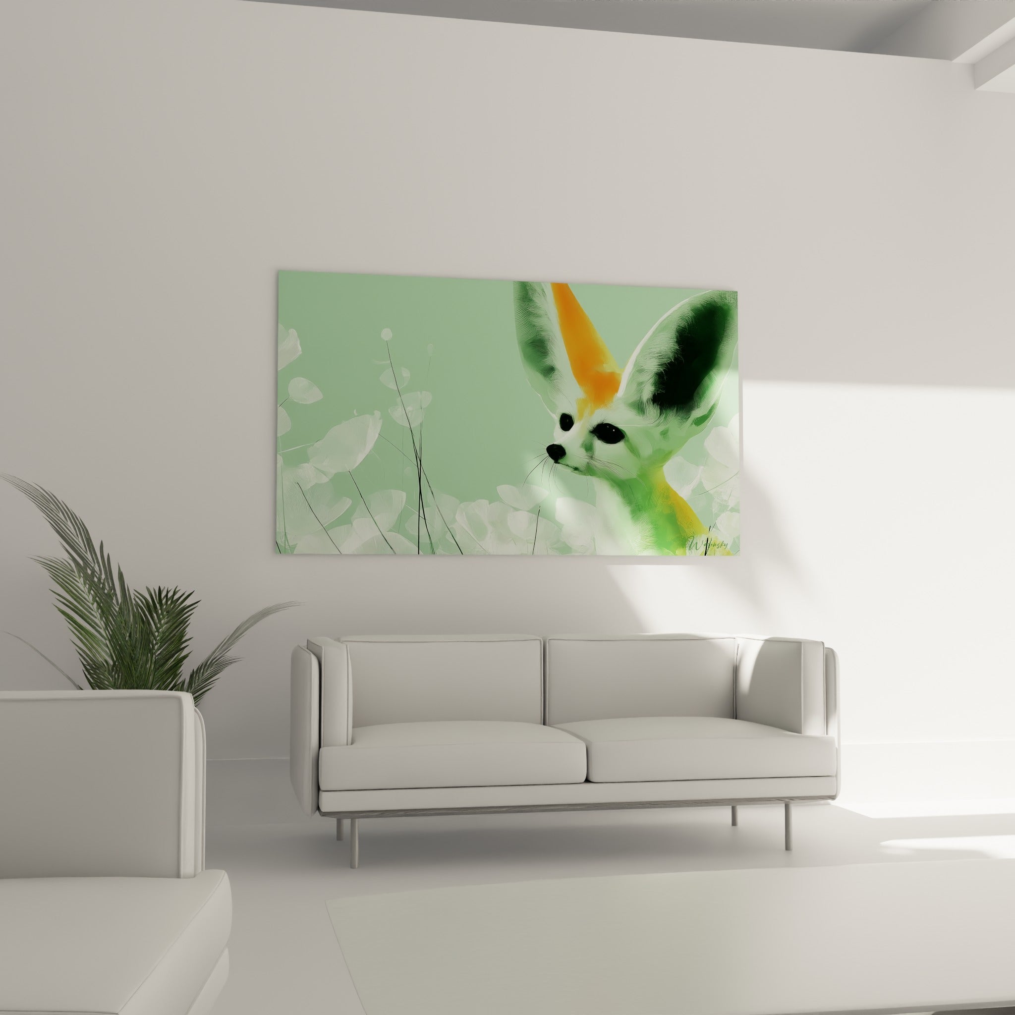 Silhouette du fennec entourée de fleurs blanches placée au-dessus d'un canapé dans un salon lumineux
