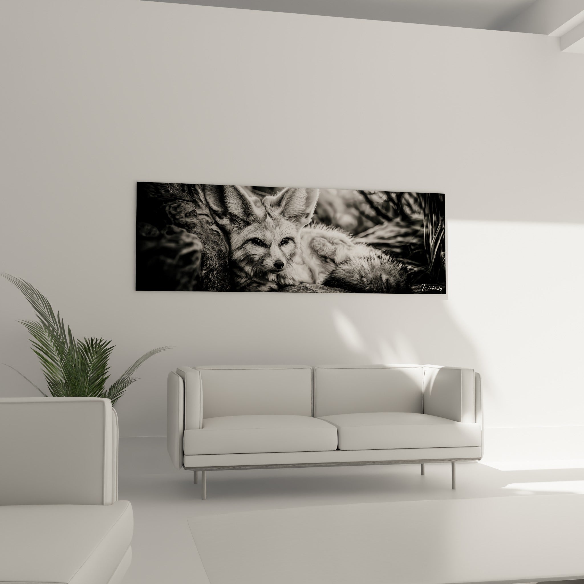 Posture détendue du fennec sur la roche, tons noir et blanc, au-dessus d'un canapé dans un salon lumineux