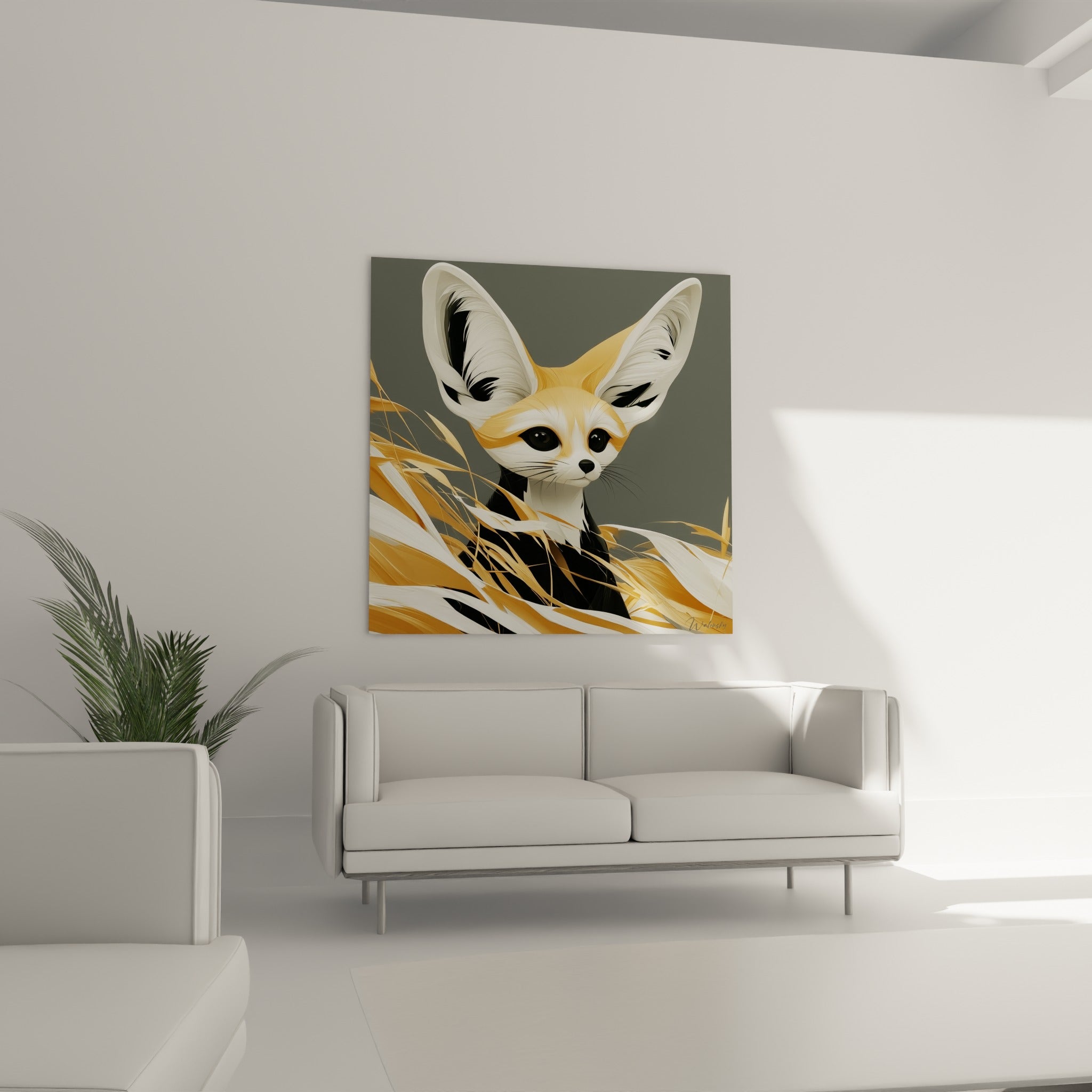 Fennec au pelage doré et noir émergeant des herbes sèches, au-dessus d'un canapé dans un salon lumineux