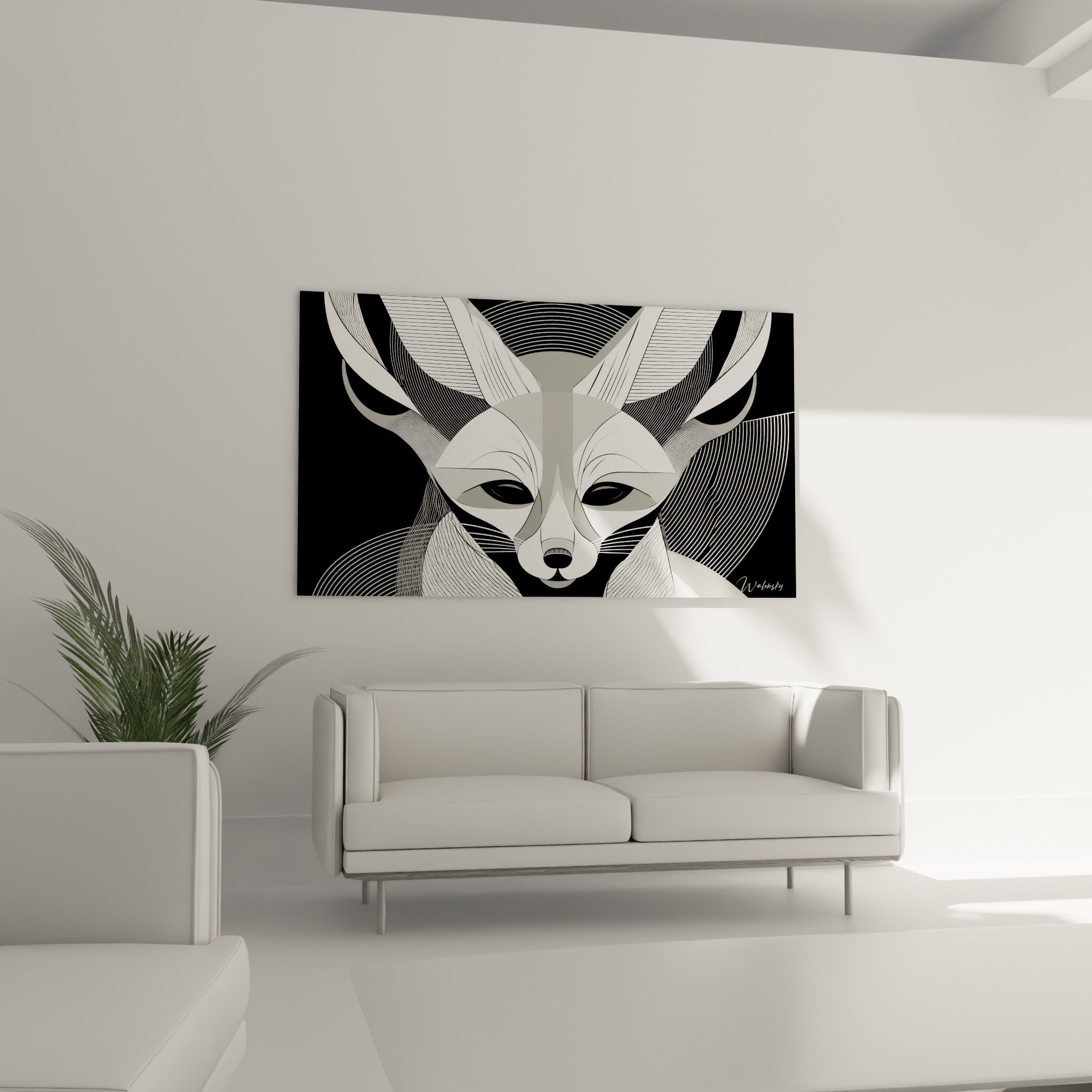 Fennec anthracite et blanc aux lignes courbes, au-dessus d'un canapé dans un salon lumineux