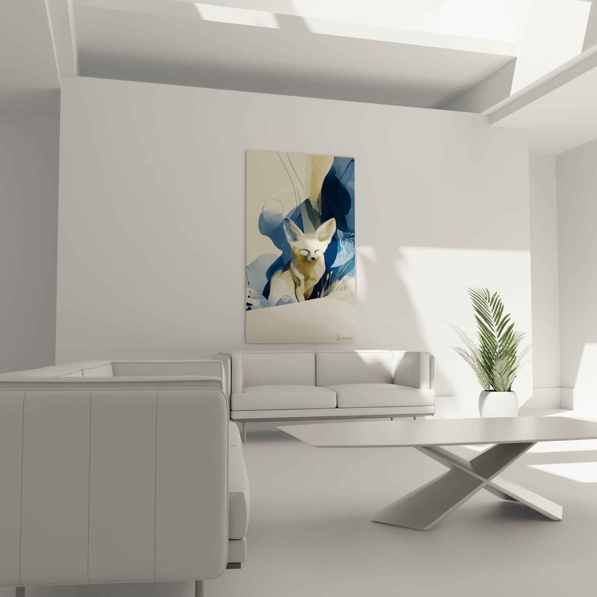 Renard des sables illustré en crème et bleu marine, disposé au-dessus d'un canapé dans un salon lumineux