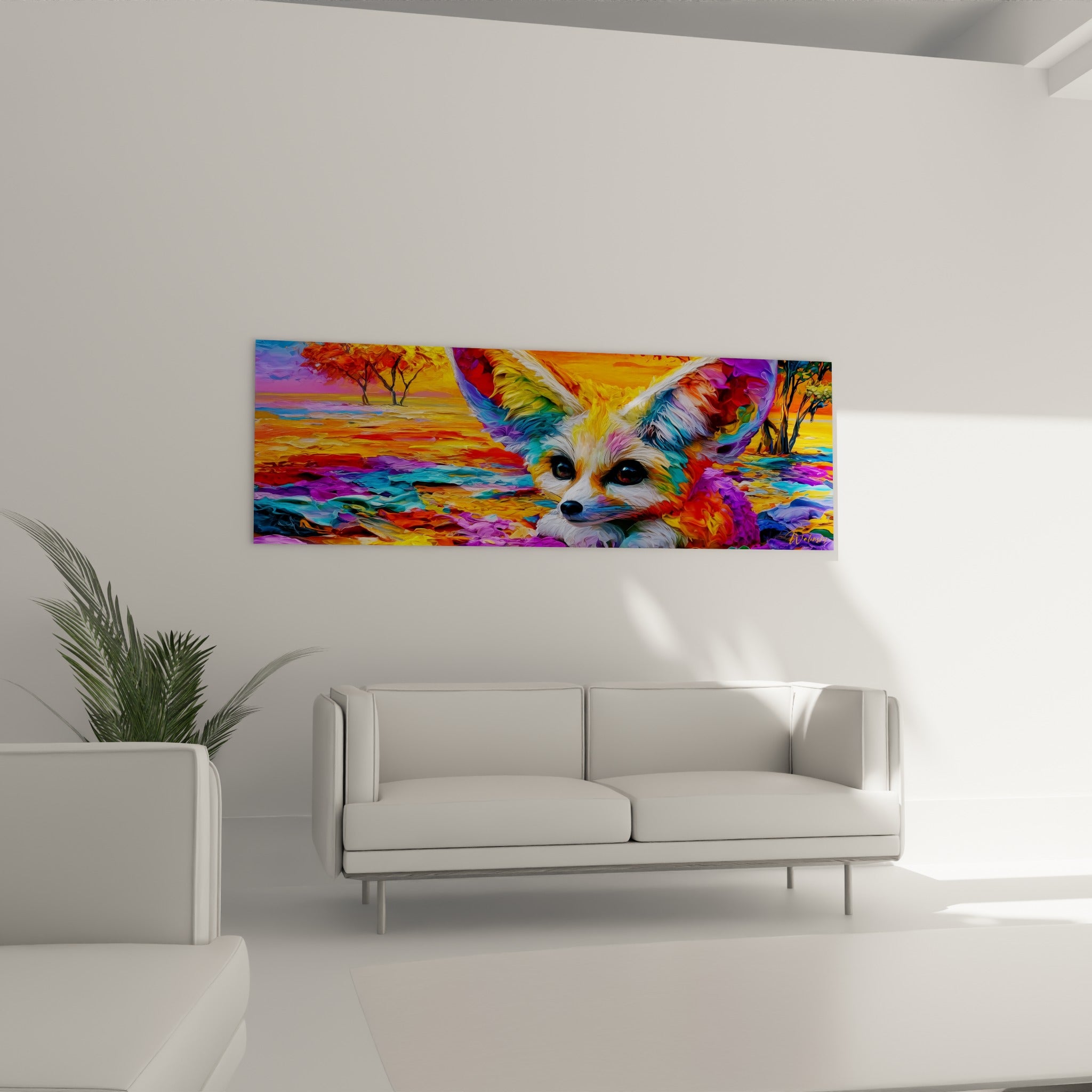 Oreilles multicolores du fennec en aquarelle vibrante, au-dessus d'un canapé dans un salon lumineux