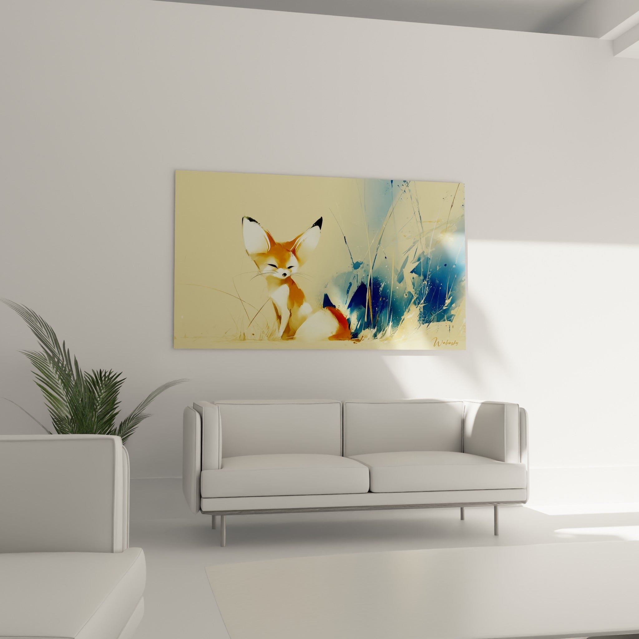 Renard des sables en position paisible, dégradés dorés et touches bleutées, au-dessus d'un canapé dans un salon lumineux