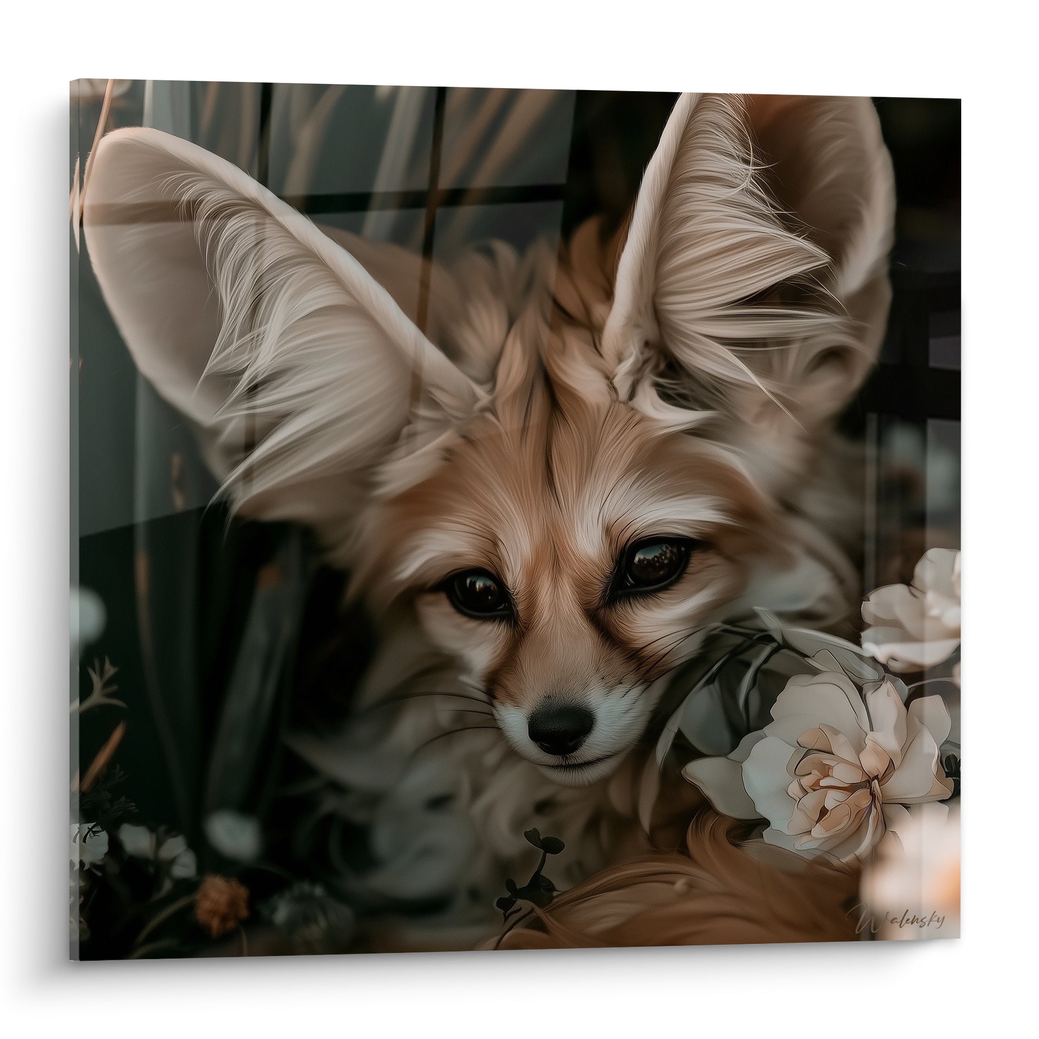 Fennec beige aux oreilles immenses, regard noir intense, entouré de roses blanches et feuillage vert