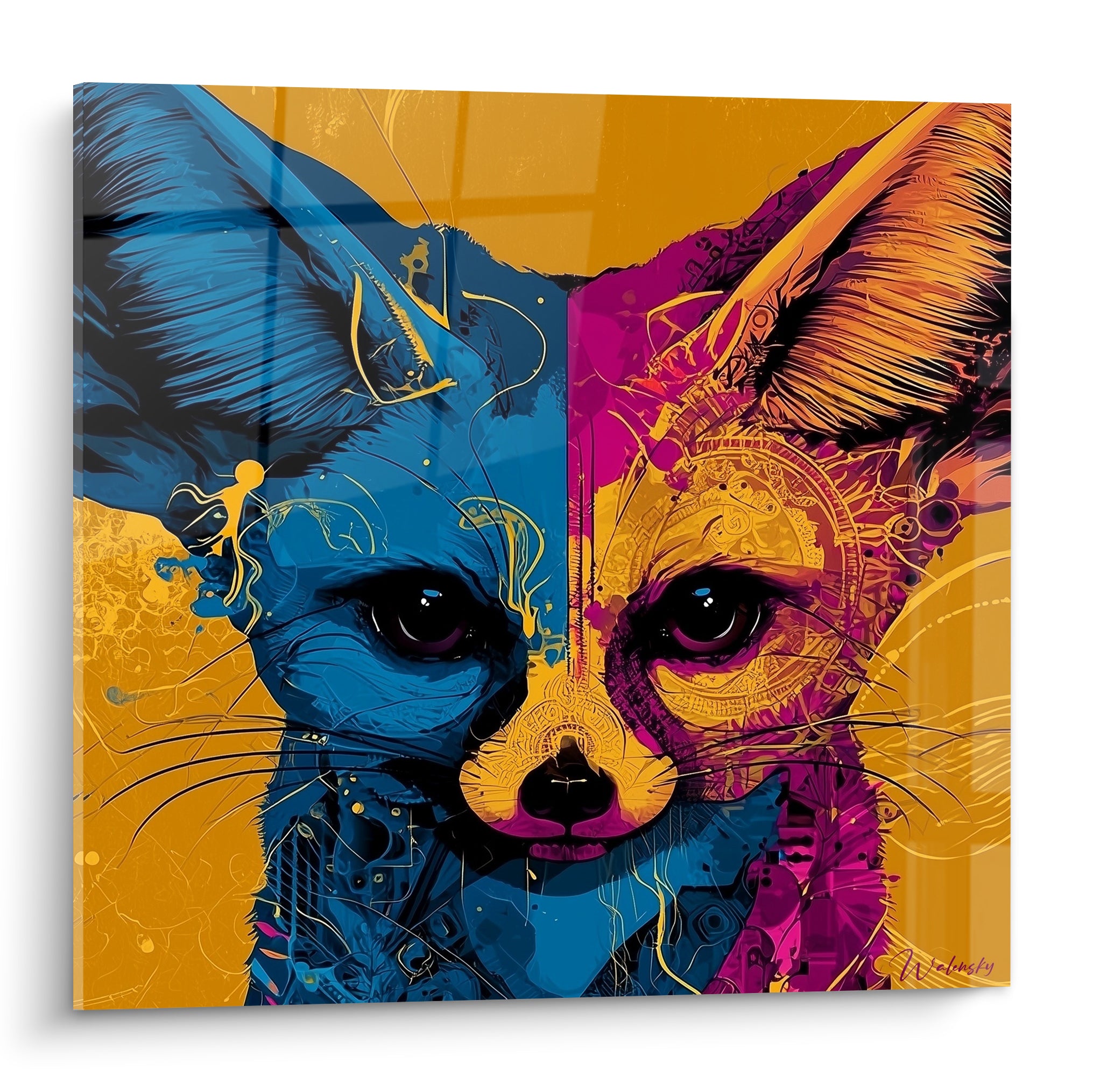 Fennec au visage divisé en bleu marine et magenta doré, regard intense et motifs ornementaux