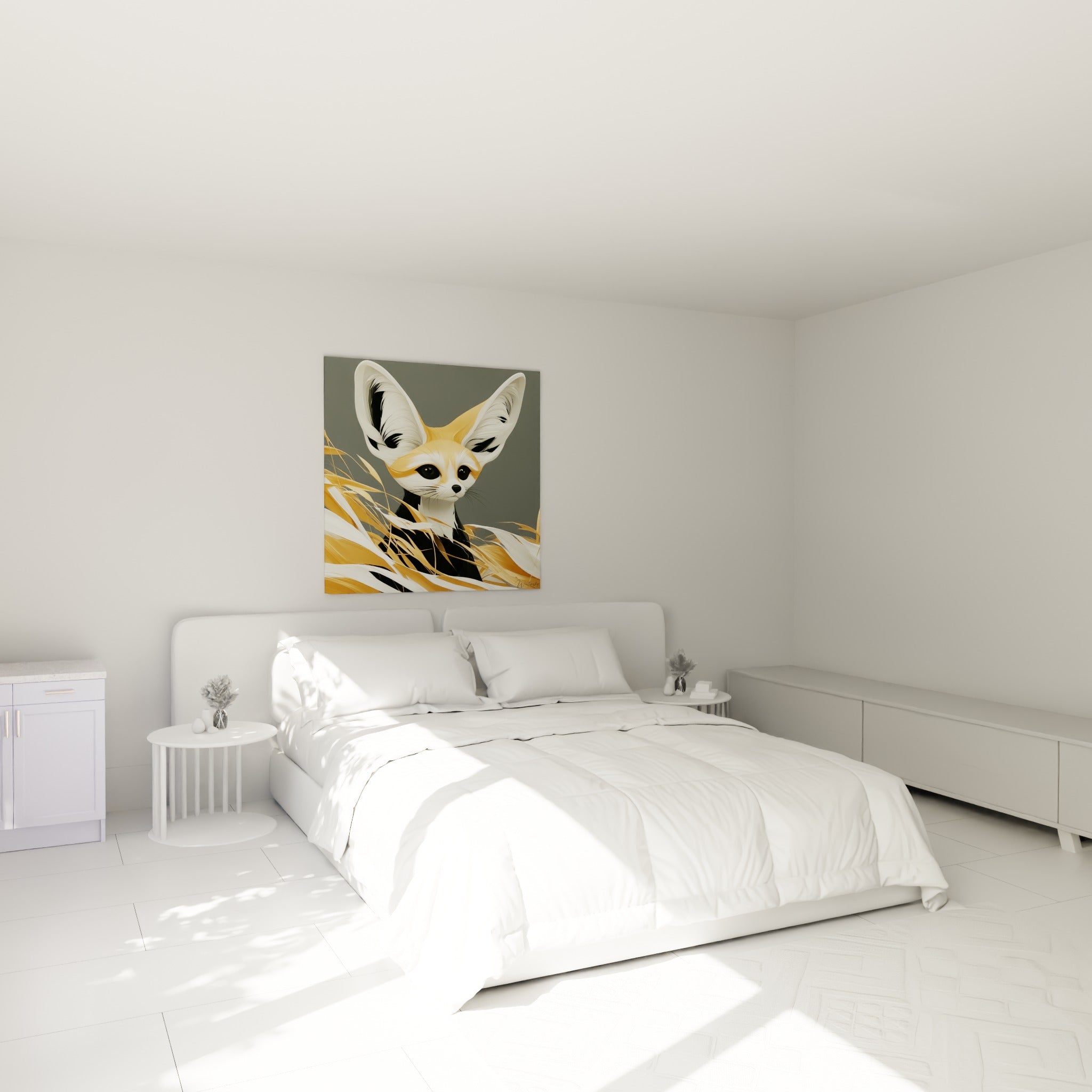 Portrait de fennec doré et blanc, oreilles dressées, au-dessus d'un lit dans une chambre claire