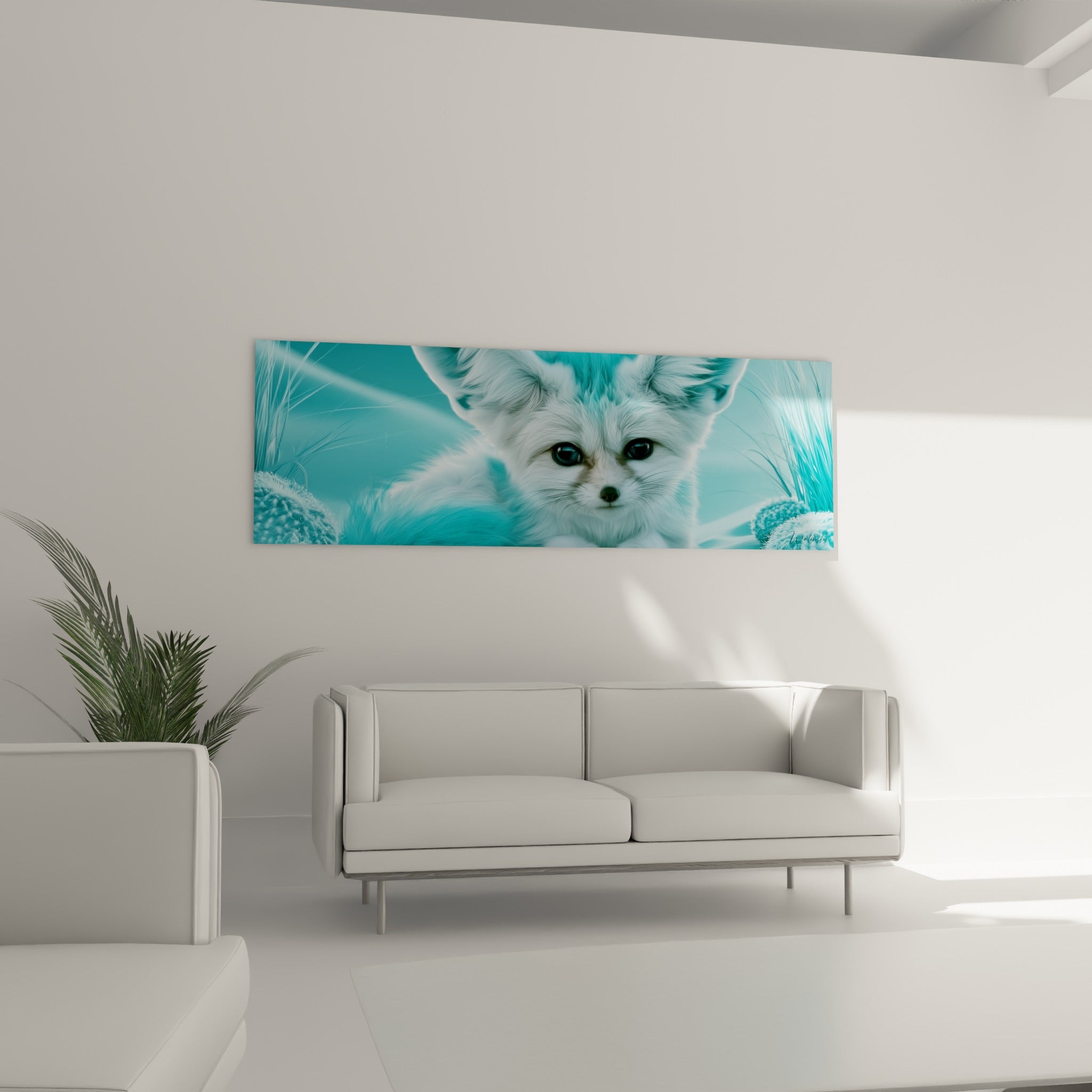 Pelage duveteux du fennec bleu pastel et blanc immaculé, au-dessus d'un canapé dans un salon lumineux