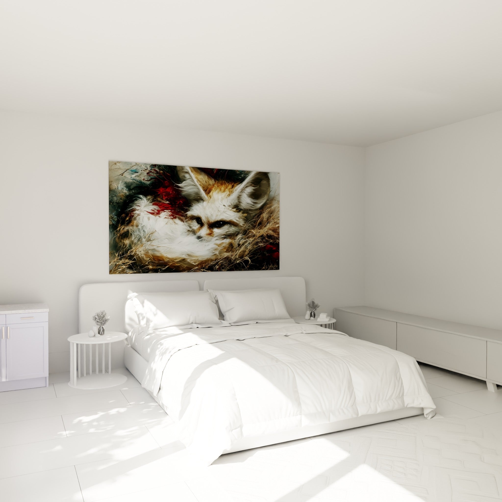 Regard intense du fennec doré et blanc niché dans la paille, au-dessus d'un lit dans une chambre claire