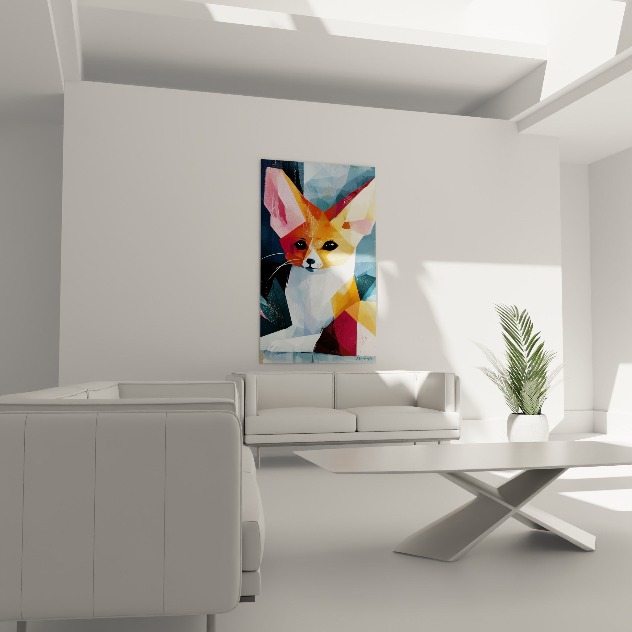 Fennec bleu ardoise et orange brûlé en pose stylisée, suspendu au-dessus d'un canapé dans un salon lumineux