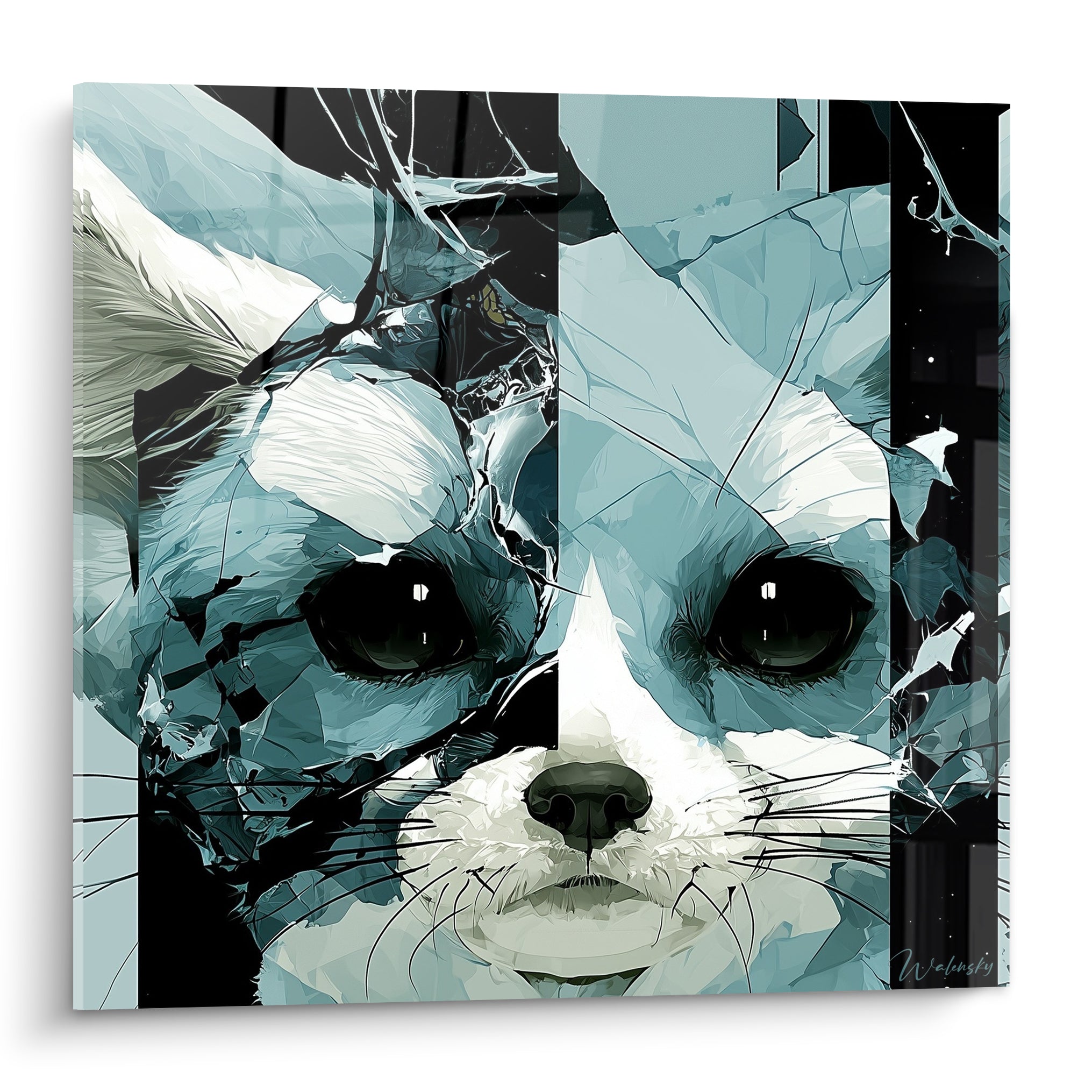 Fennec au regard sombre, fourrure fragmentée bleu glacier et anthracite, style graphique éclaté