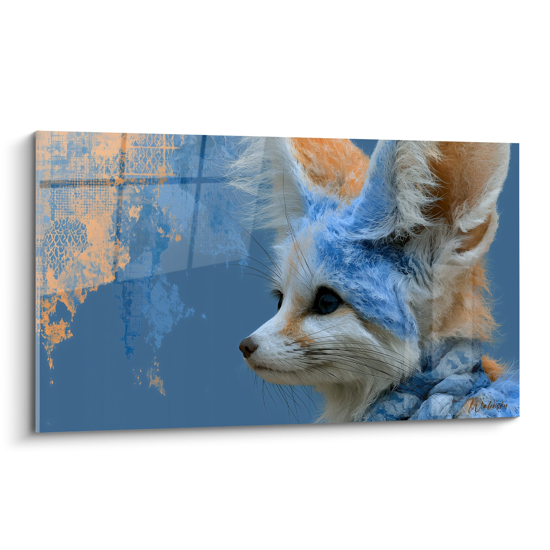 Fennec au profil bleu et ocre, regard vigilant sur fond texturé graphique