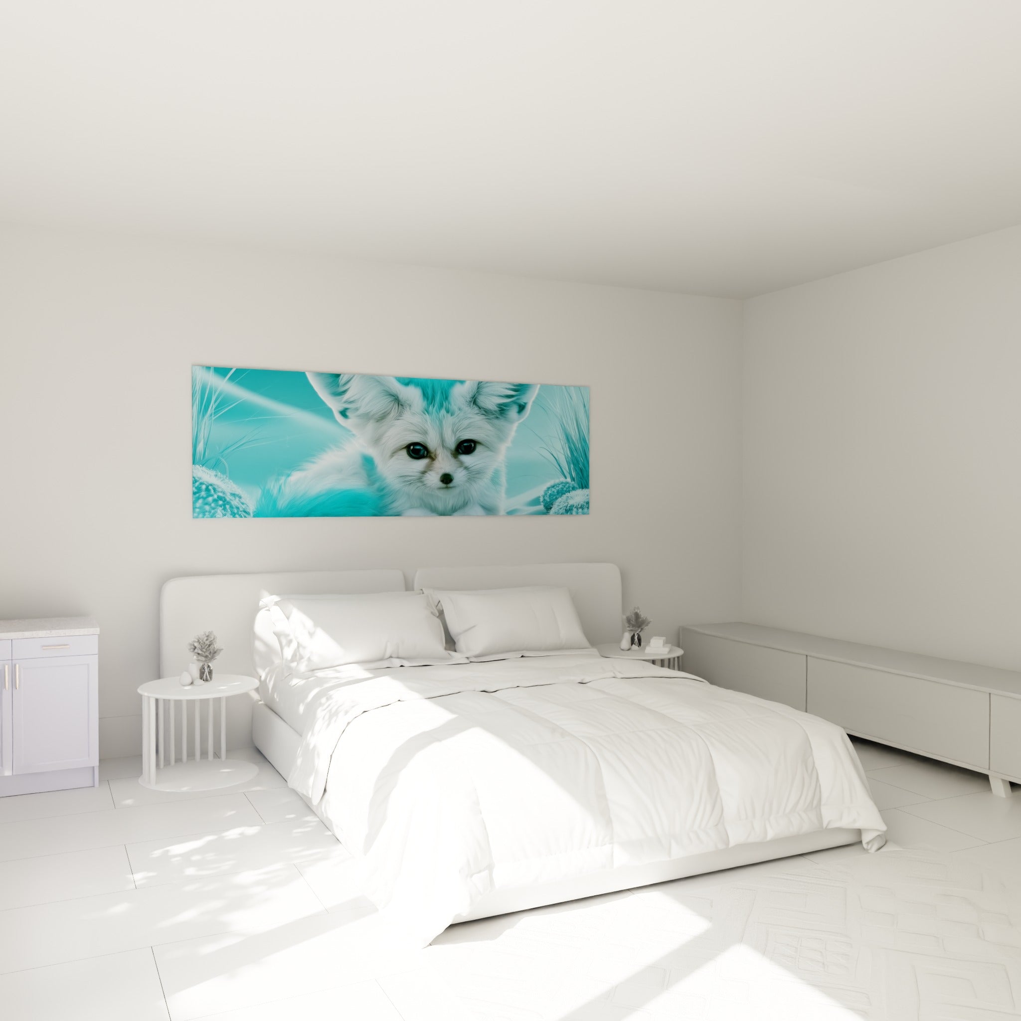 Regard doux du fennec blanc et turquoise, oreilles déployées, au-dessus d'un lit dans une chambre claire