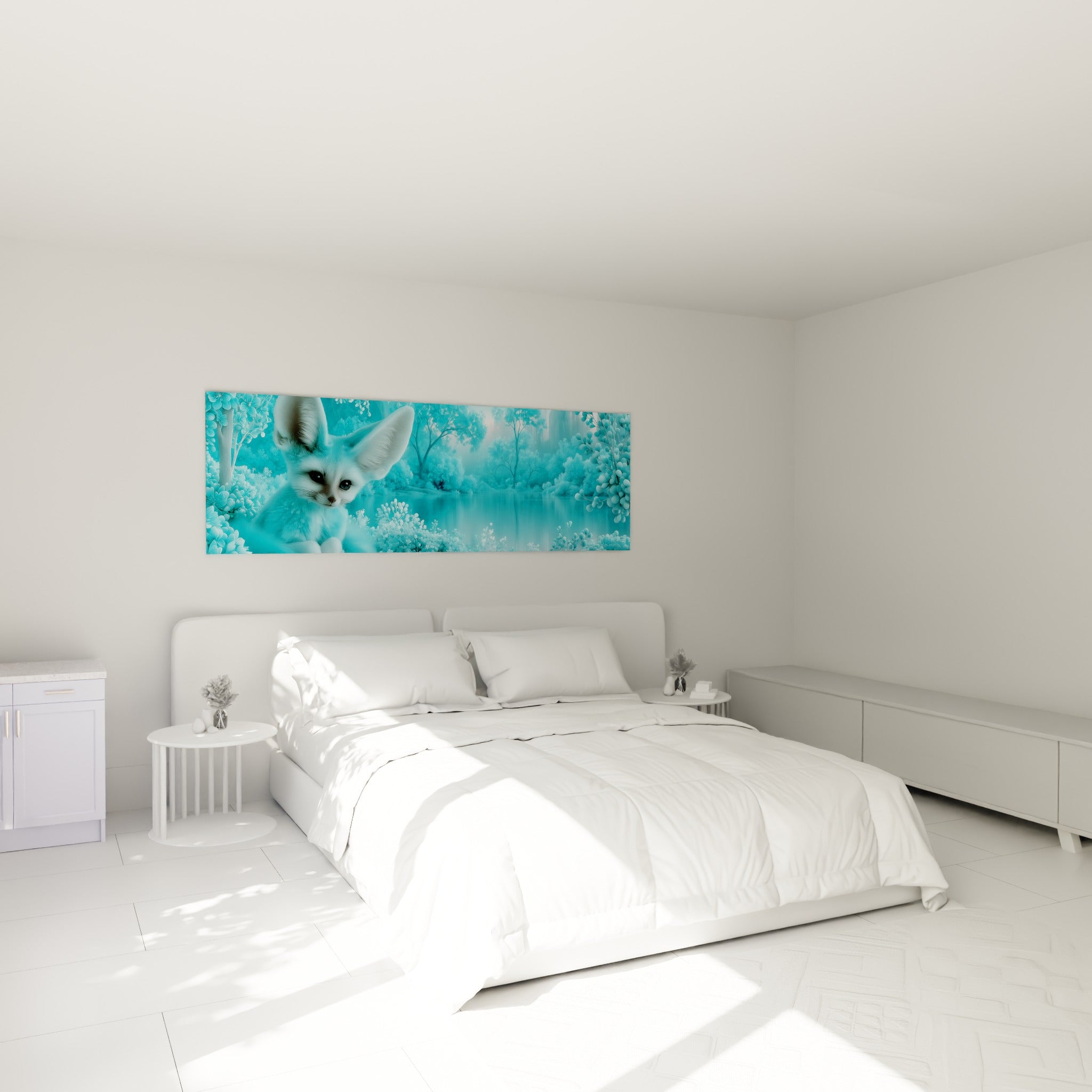 Petit renard des sables aux teintes bleu pastel et blanc, au-dessus d'un lit dans une chambre claire