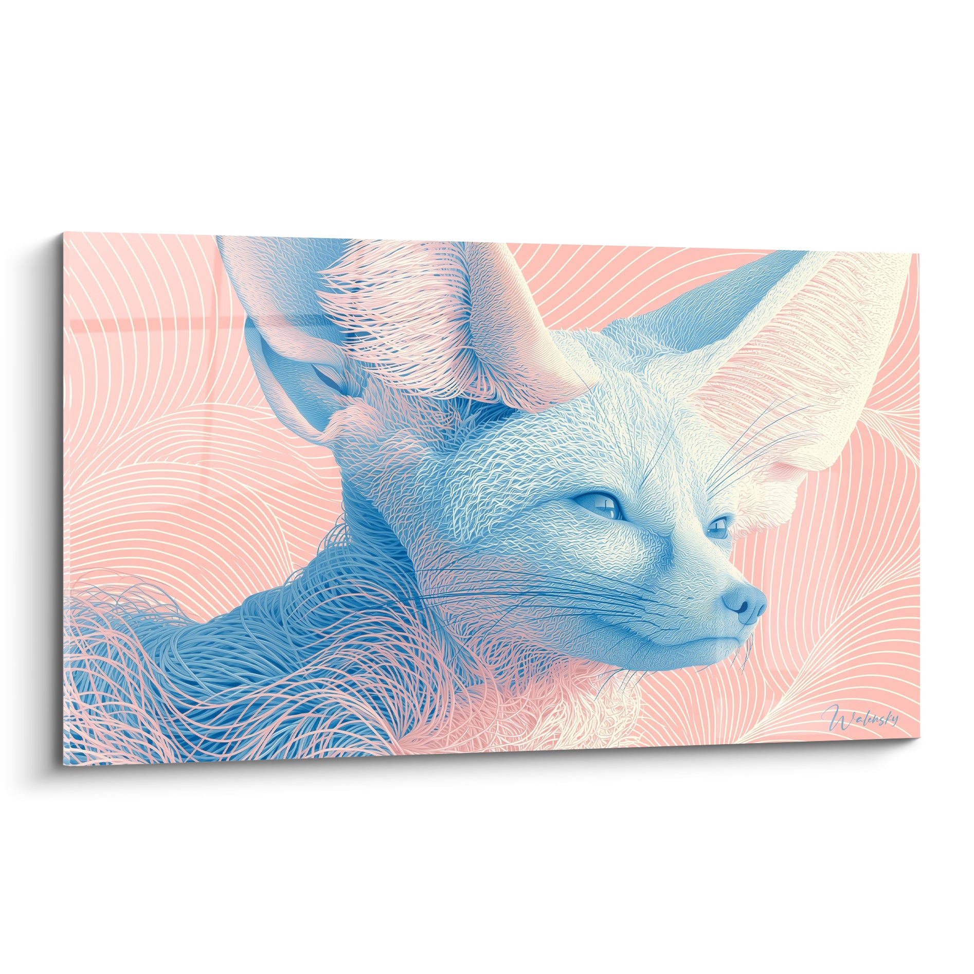Fennec bleu pastel et rose poudré, portrait graphique aux grandes oreilles dressées