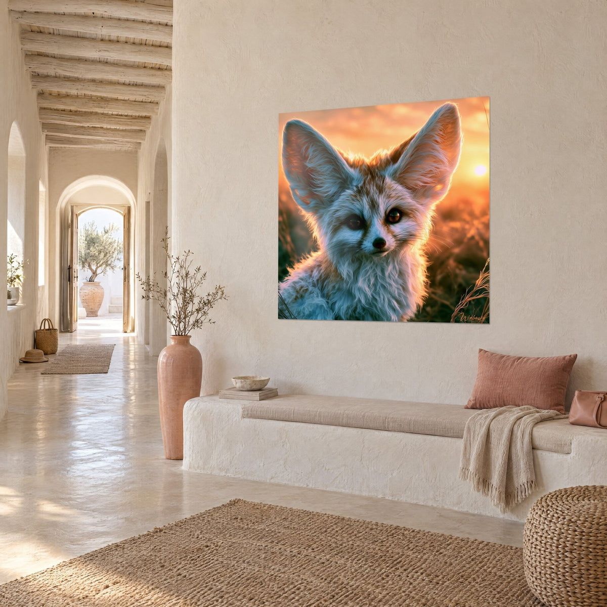 Schilderij woestijnvos met amberkleurige ogen, roze oren van achteren verlicht door een oranje lucht, crèmekleurige muur van een mediterrane galerie