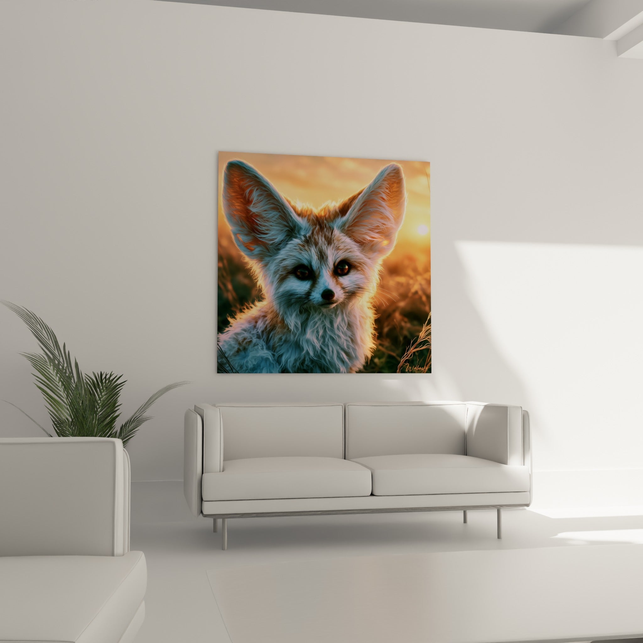 Fennec au pelage orangé et bleuté au-dessus d'un canapé dans un salon lumineux