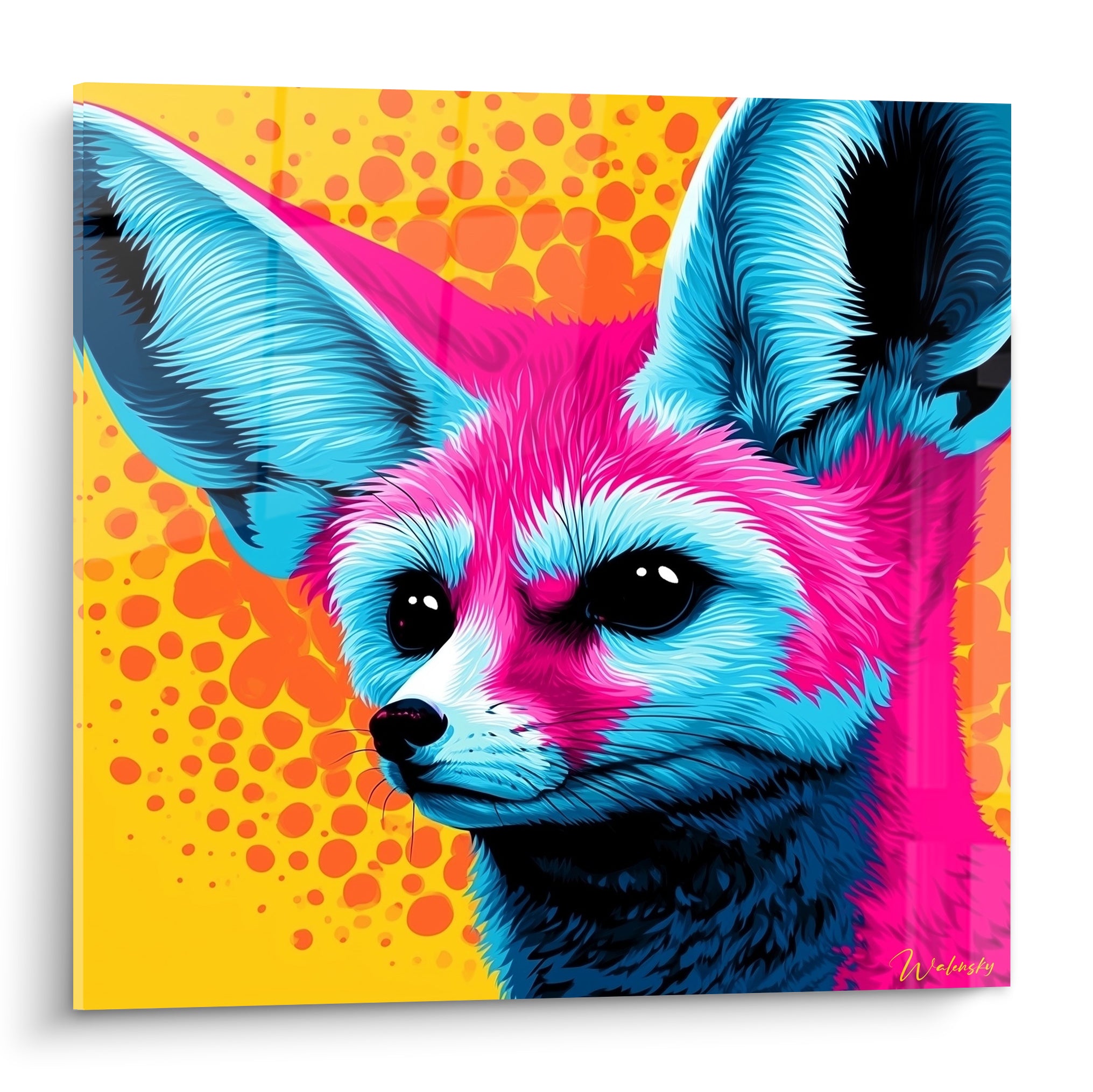 Fennec bleu turquoise et rose fuchsia sur fond jaune moutarde à pois orangés