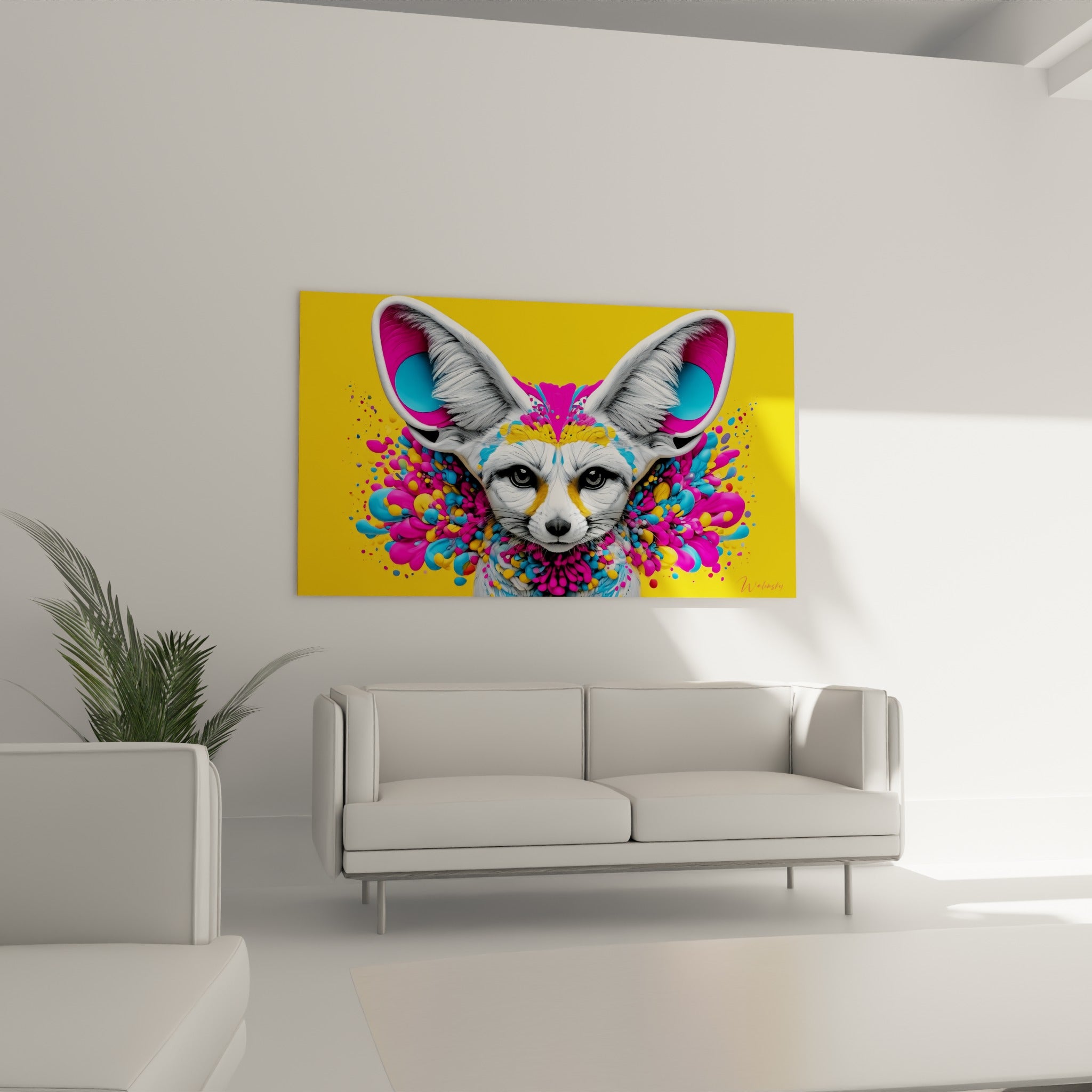 Oreilles blanches et coulures roses du fennec pop, accrochées au-dessus d'un canapé dans un salon lumineux
