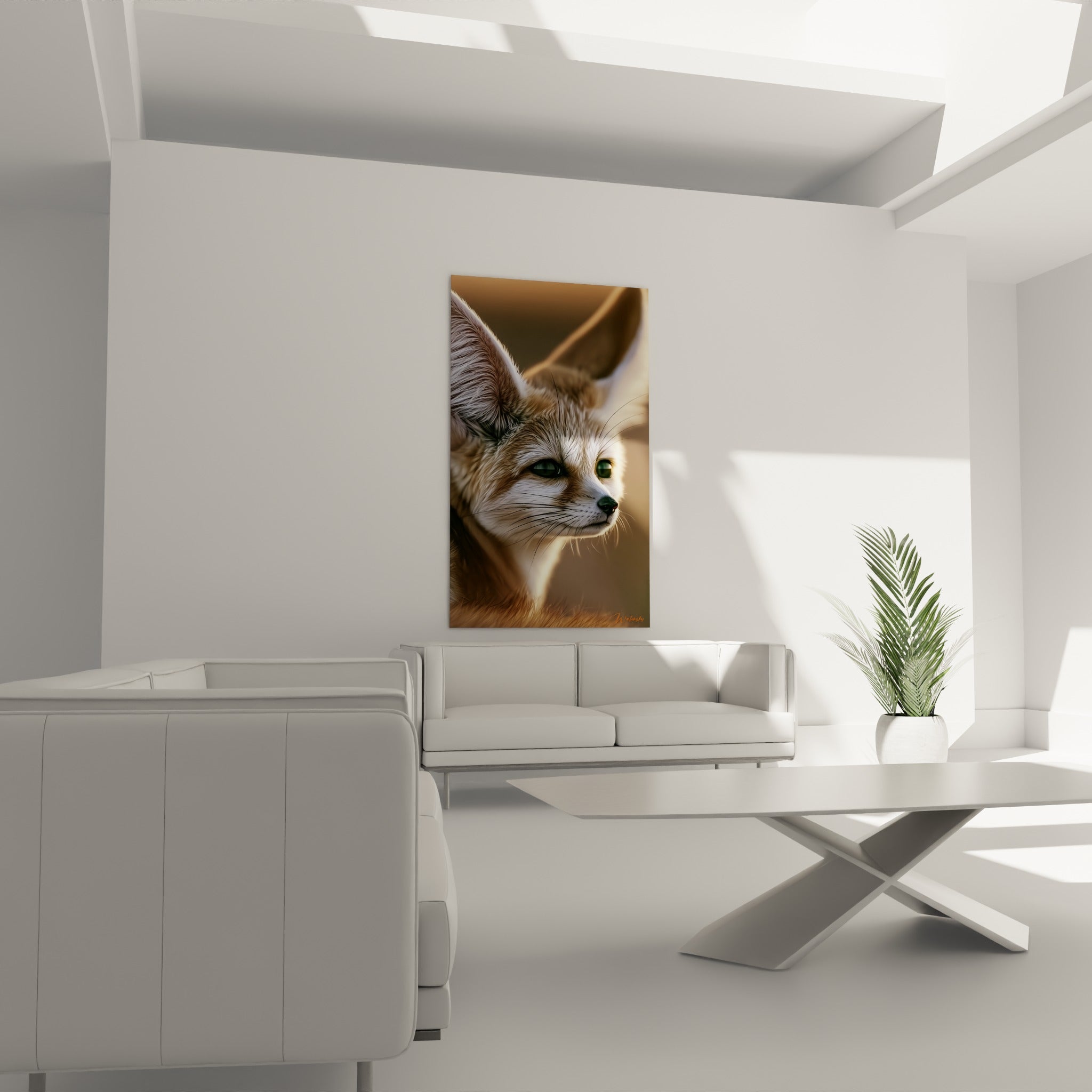 Fennec brun clair aux oreilles immenses et yeux vert sombre, au-dessus d'un canapé dans un salon lumineux