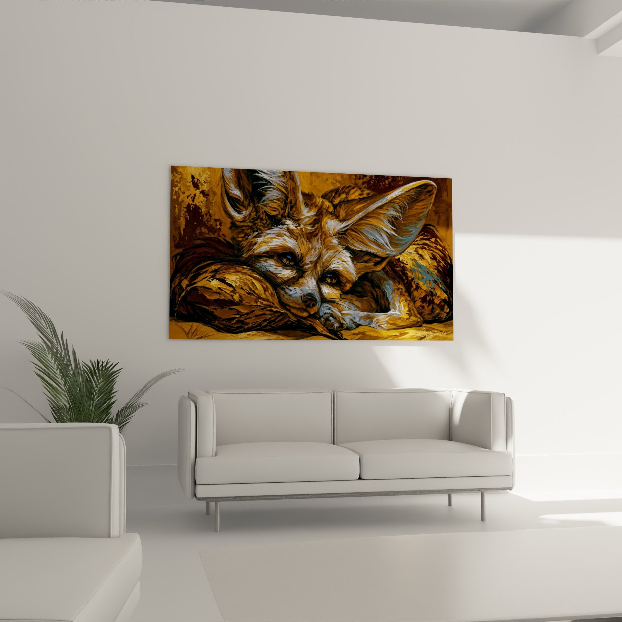 Fennec brun et doré au regard perçant, posture repliée, au-dessus d'un canapé dans un salon lumineux