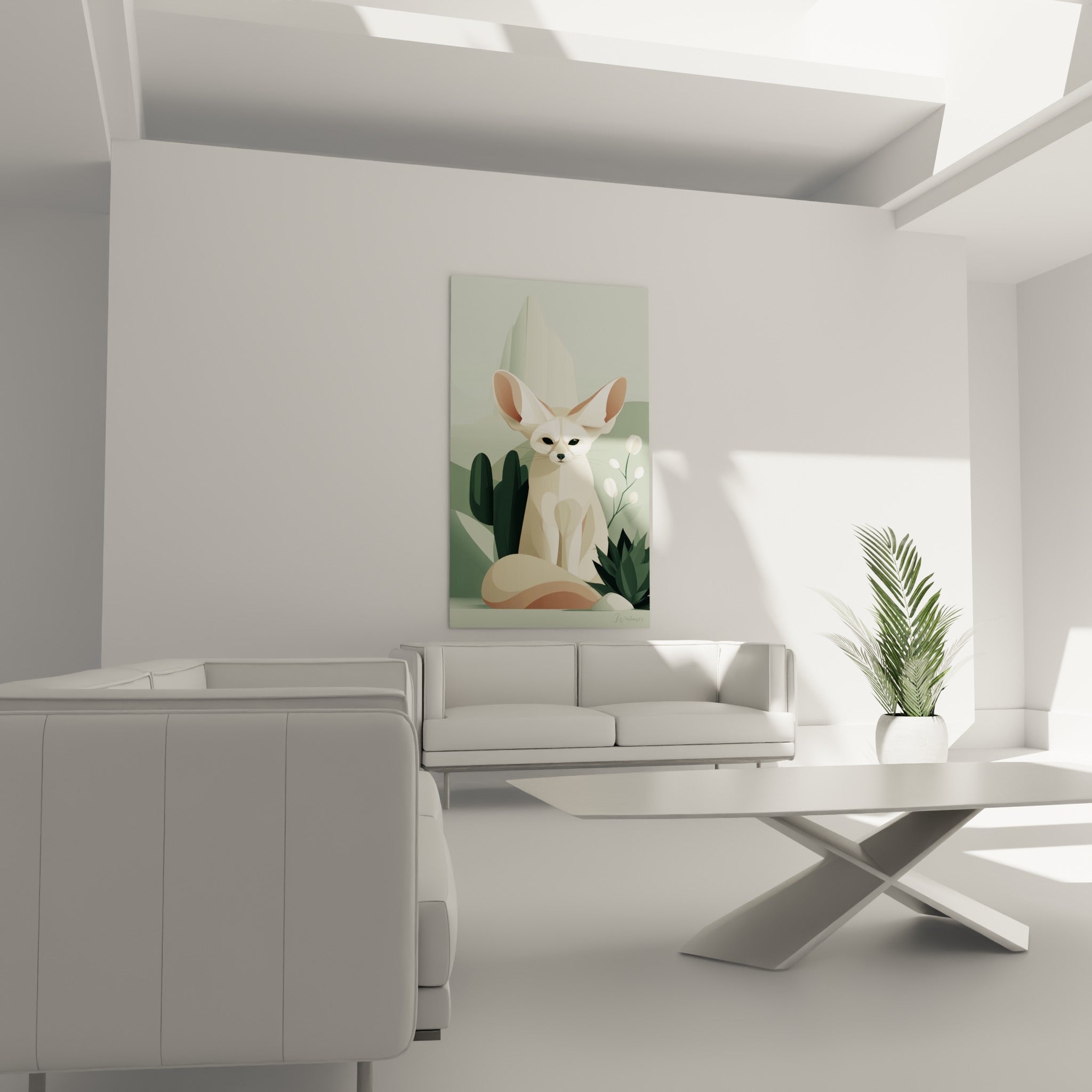 Silhouette du fennec entourée de cactus vert foncé et rochers terracotta, au-dessus d'un canapé dans un salon lumineux