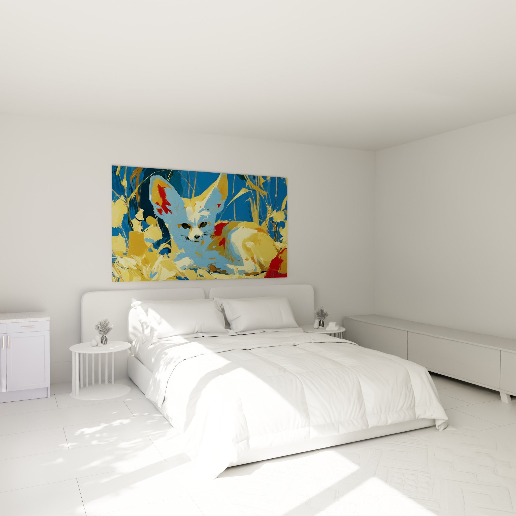 Petit renard du désert aux tons bleu marine et ocre, tableau accroché au-dessus d'un lit dans une chambre claire
