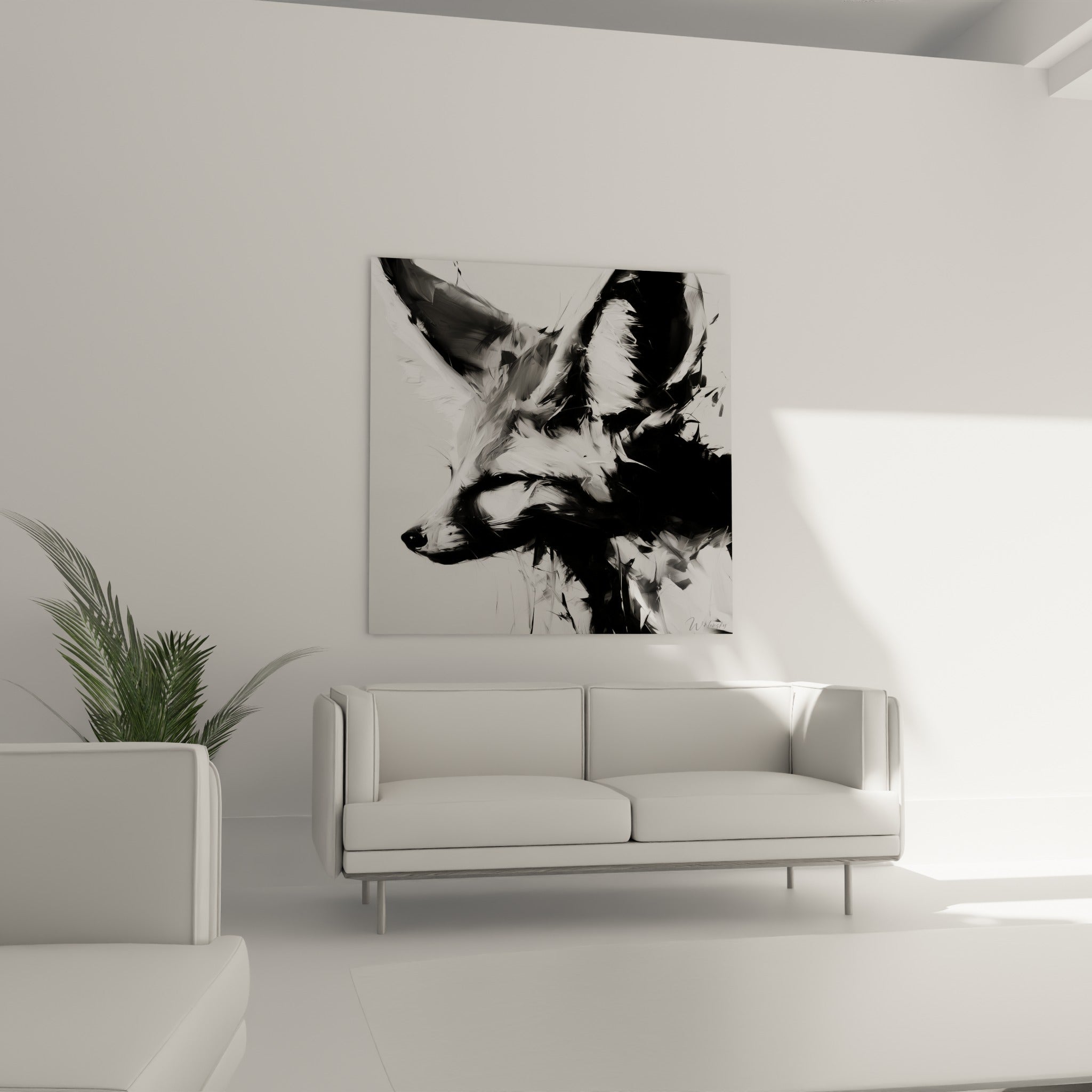 Tête de fennec contrastée en noir profond et blanc pur, au-dessus d'un canapé dans un salon lumineux