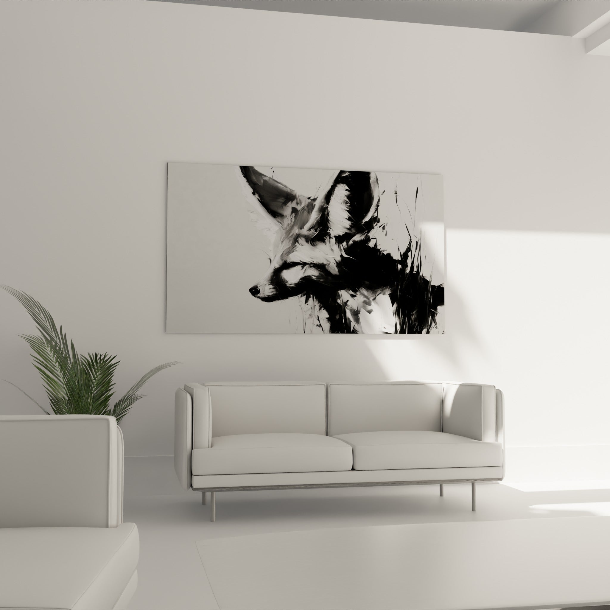 Oreilles dressées du fennec en noir intense et blanc lumineux, au-dessus d'un canapé dans un salon lumineux