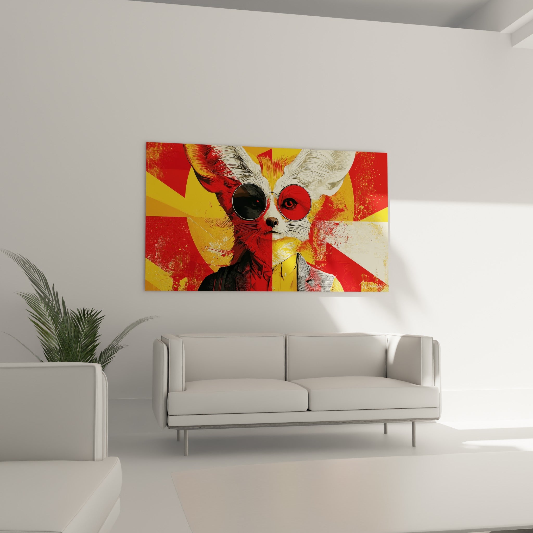 Fennec en costume rouge et jaune, regard perçant sous lunettes rondes, au-dessus d'un canapé dans un salon lumineux