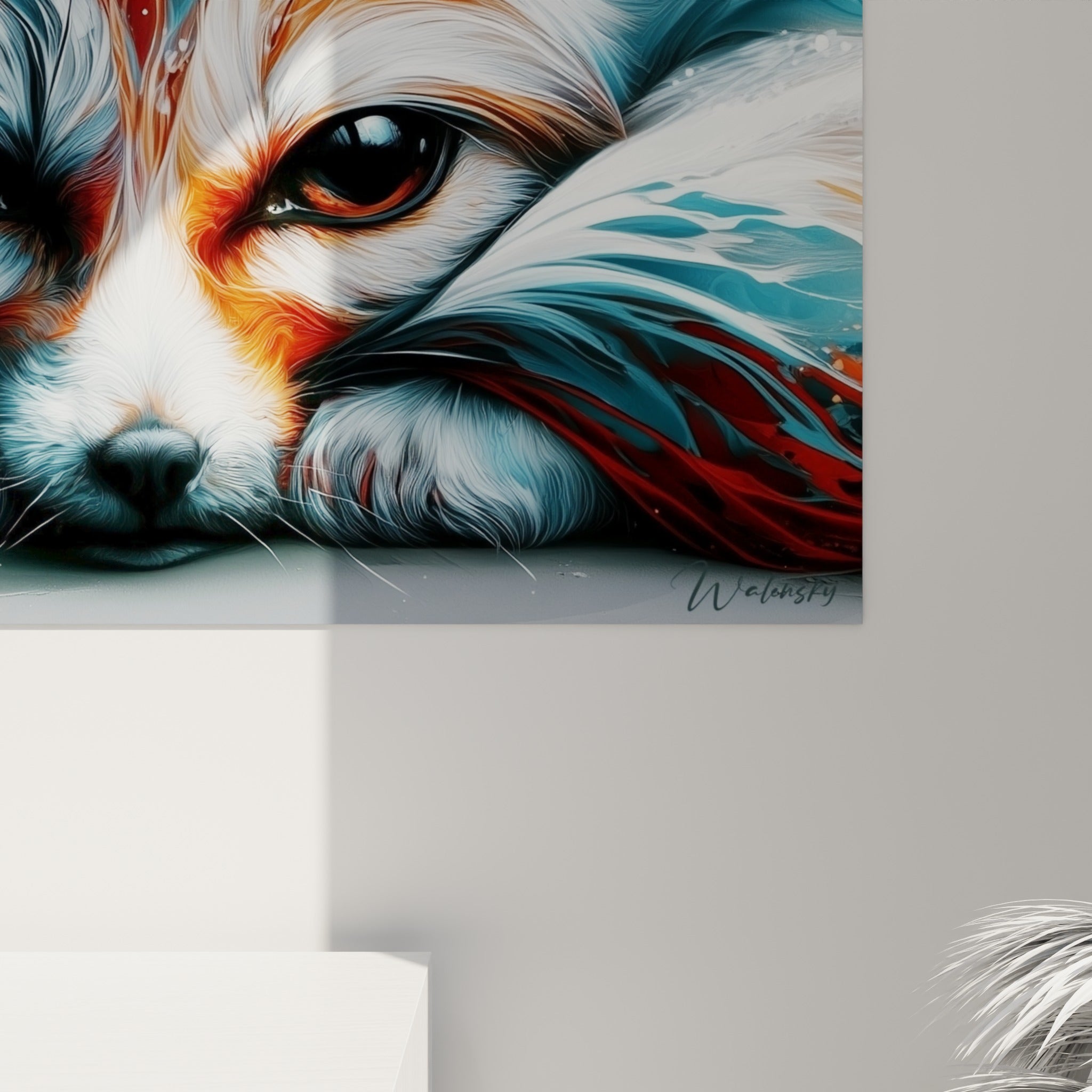 Coulures de peinture orange et bleu turquoise se mêlant au pelage blanc du Fennec, grain visible de l'impression