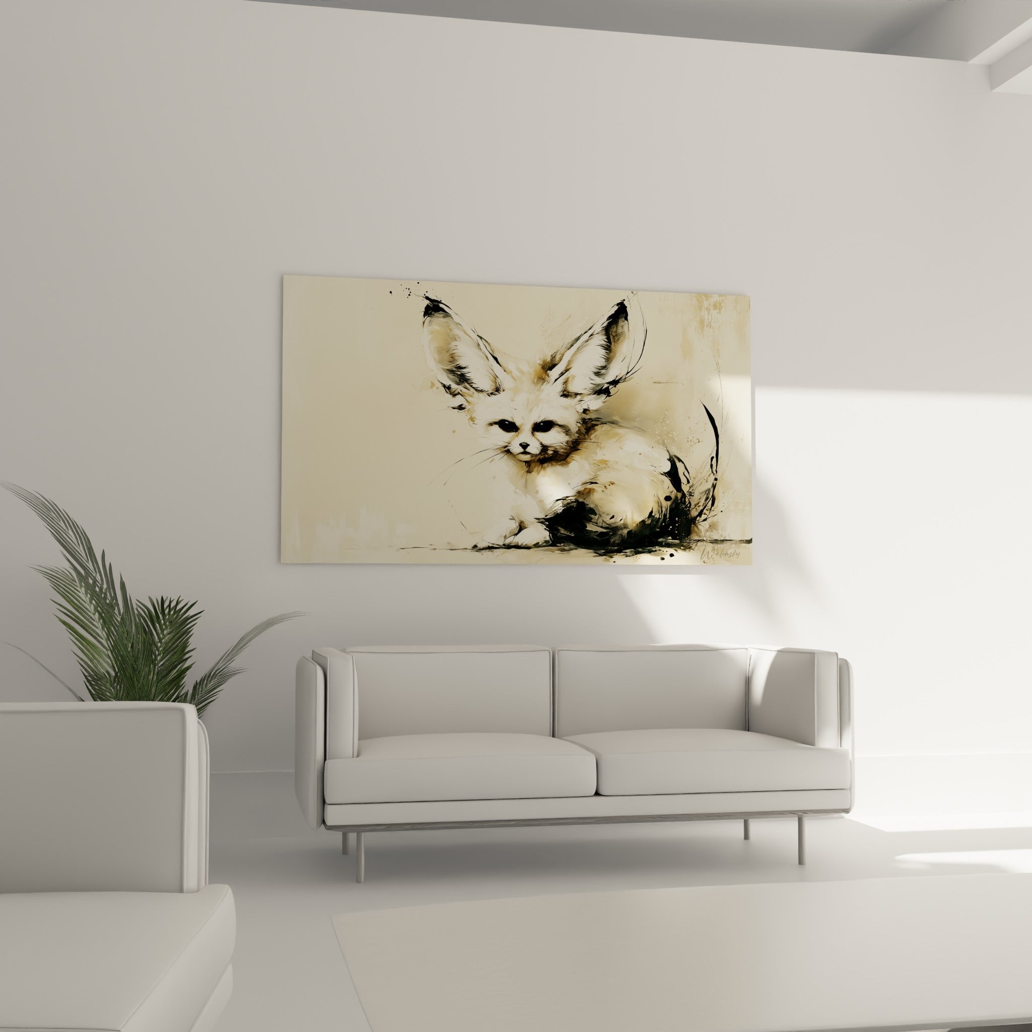 Fennec au regard sombre et pelage sable, suspendu au-dessus d'un canapé dans un salon lumineux