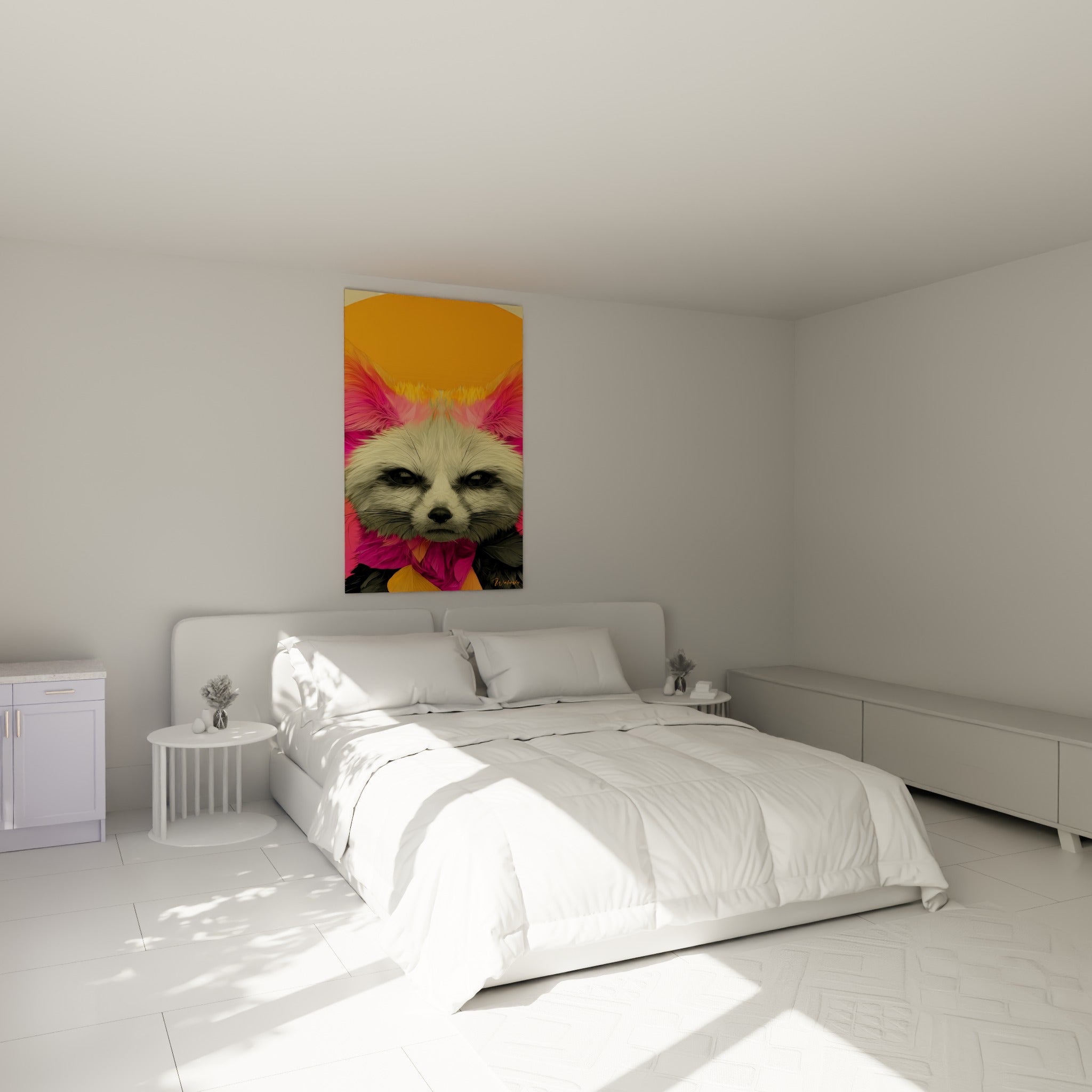 Fennec crème et rose accroché au-dessus d'un lit dans une chambre claire et lumineuse.
