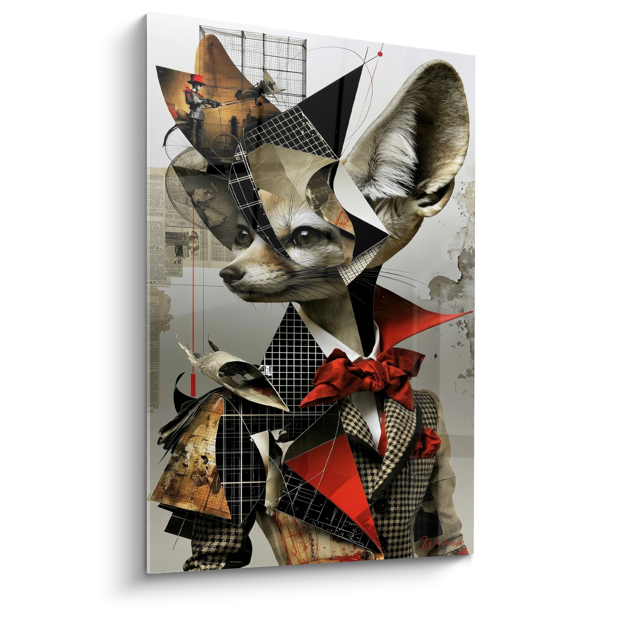 Fennec en costume à carreaux et nœud papillon rouge, collage beige, noir et rouge vif