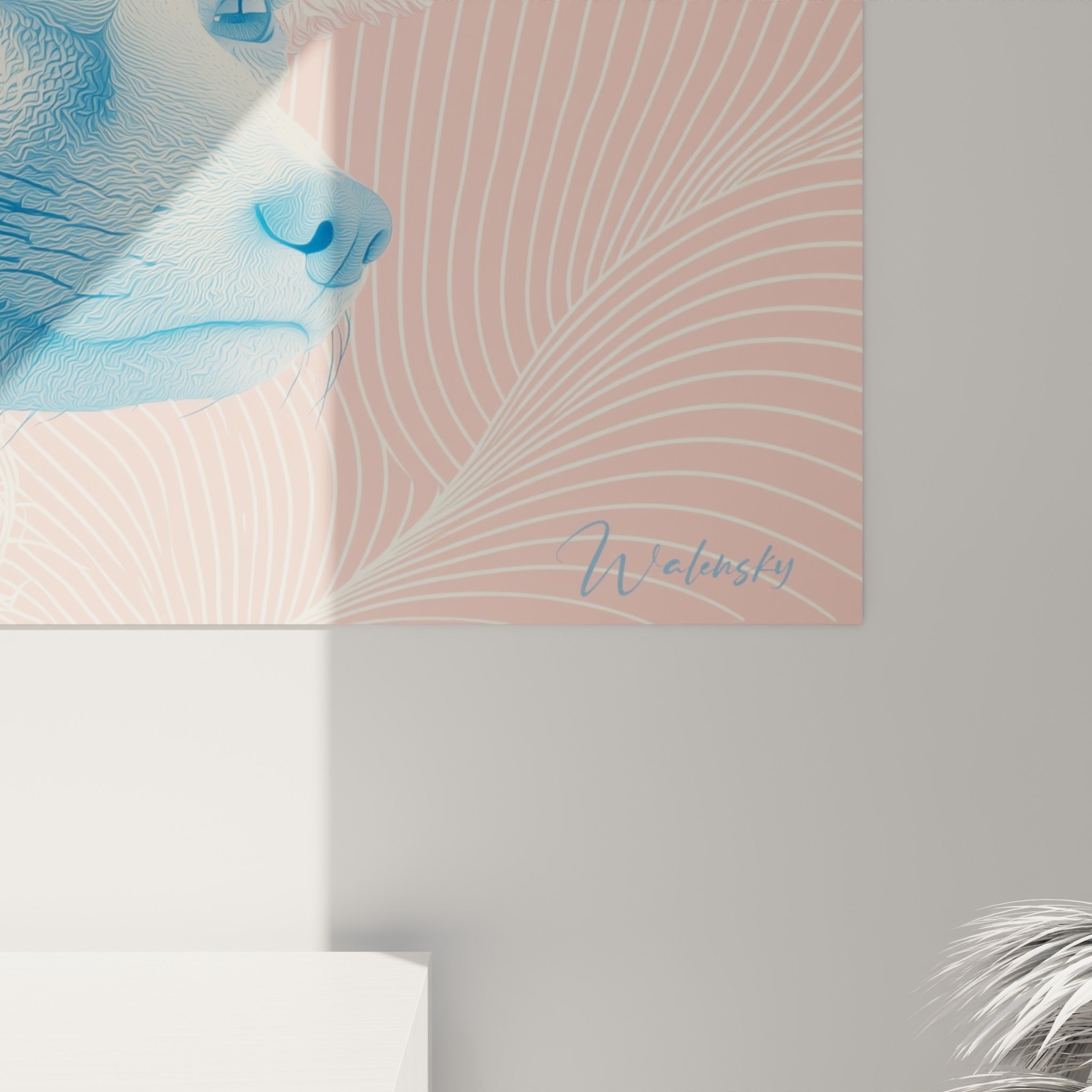 Détail des mèches de fourrure bleu pastel et rose du fennec, grain fin et lignes entrelacées